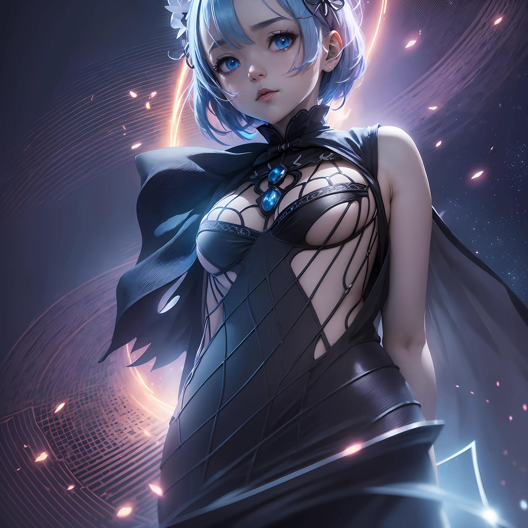 ((Rem from Rezero)),Masterpiece,Best quality, (micro bikini), (Dark ambient), flames, light beam focus the body, dark abandoned luminescent landscape, light particle, dark night, contrast, view from above
