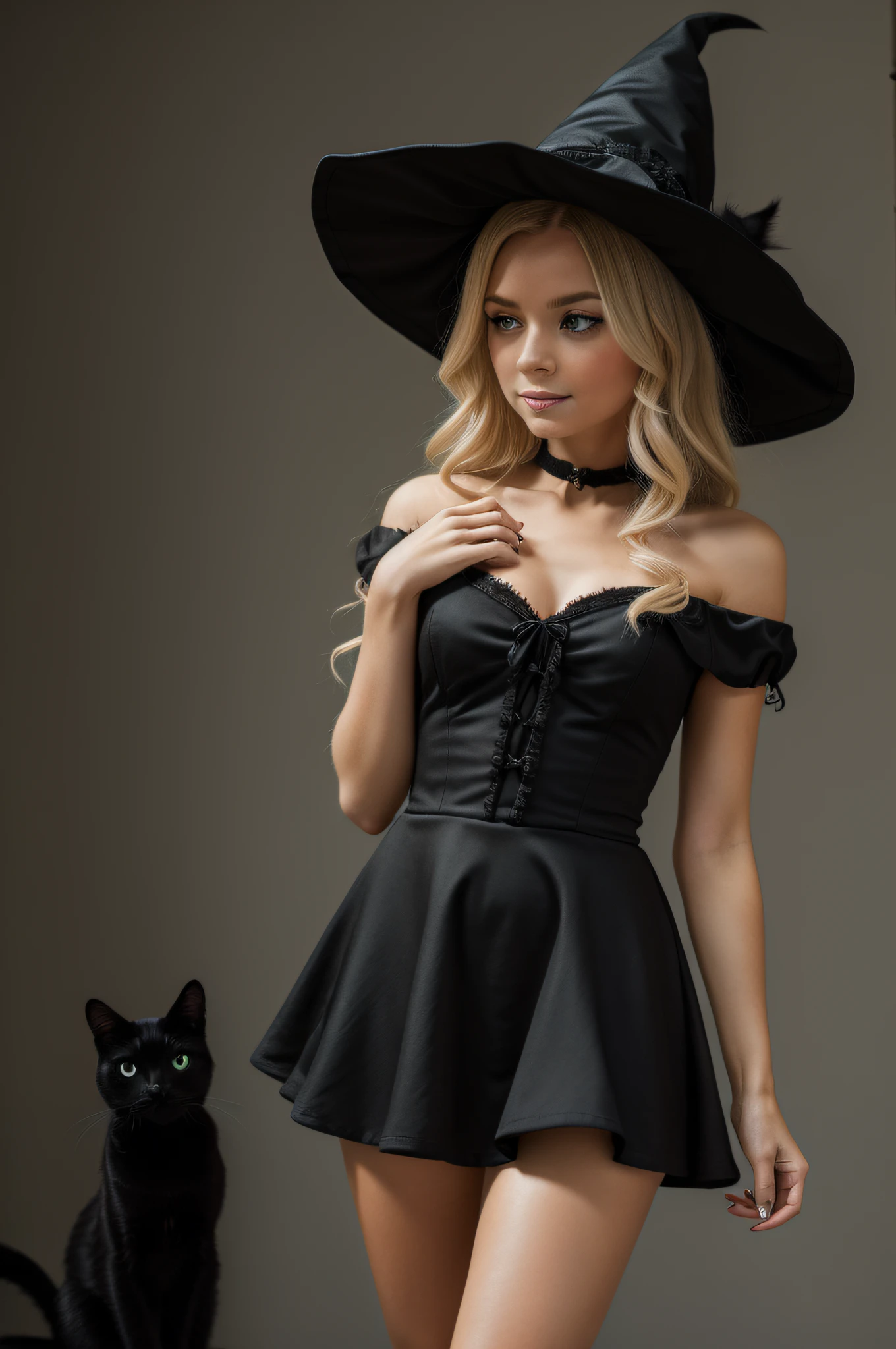 A detailed and charming description of a cute little witch in black with a delicate look, blonde hair and a black cat on the side. Its realistic 3D appearance is captivating, with soft and expressive strokes. The little witch wears a black dress adorned with magical details and holds a magic wand in her hand. Her blonde hair cascades down with a soft sheen, complementing her gentle and curious expression. Beside him, the shiny-furred black cat watches with mysterious, enigmatic eyes