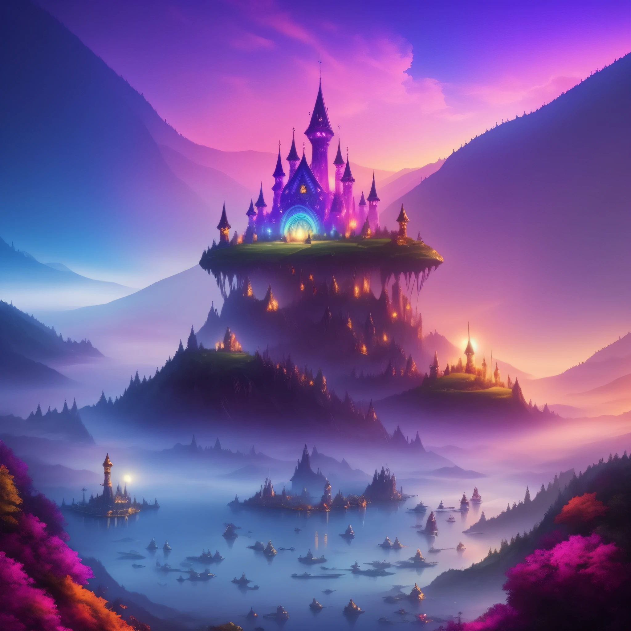 colorful world, fantasy, castle, giant mushrooms, glow, glow, fog, fantasy world, road, lake, ridiculously realistic, ridiculously detailed