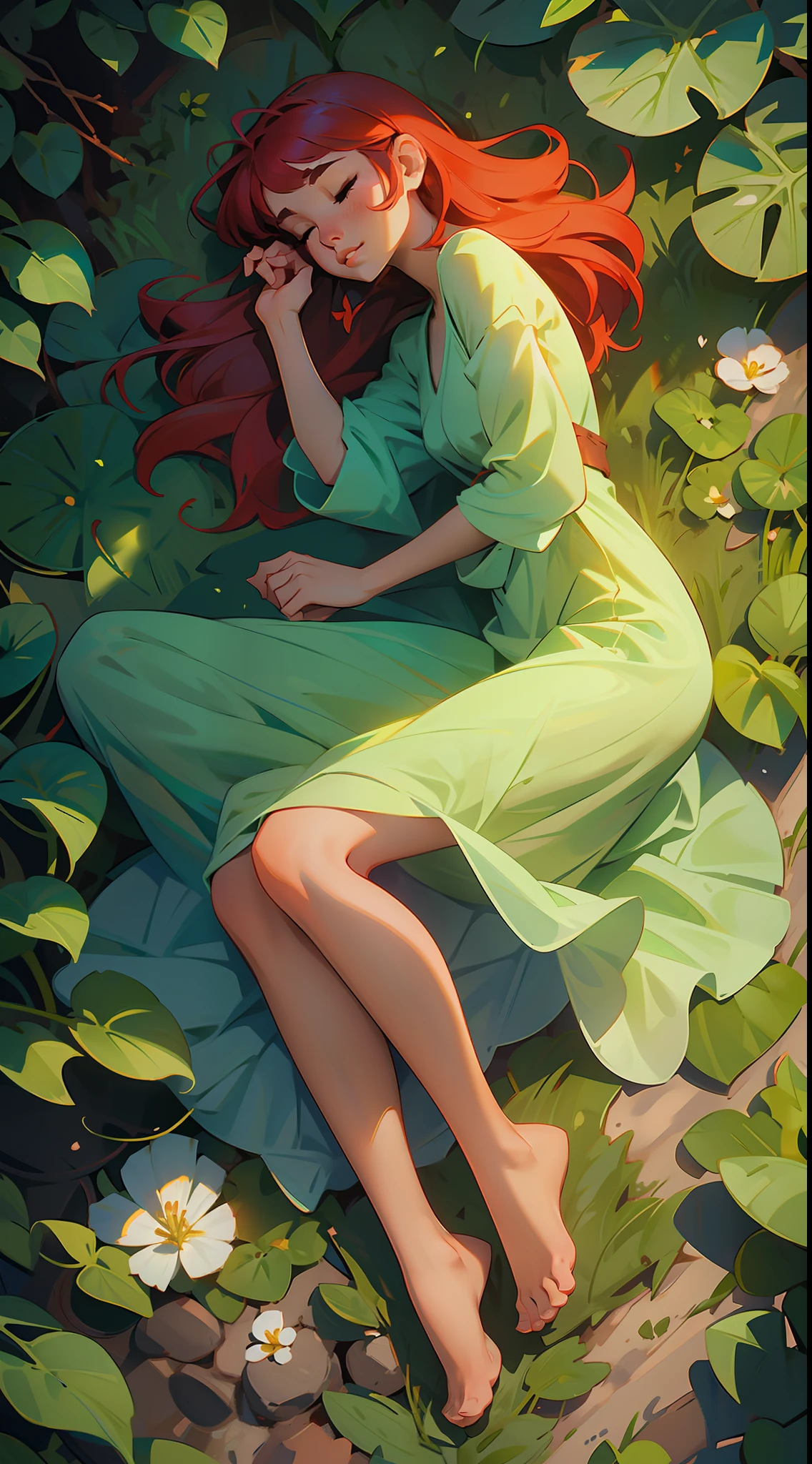 1girl, solo, dress, on side, short, barefoot, green long dress, red hair, lying, long hair, sleeping, full body, shadow, sunlight, leaf, bangs, from above, feet, outdoors, day, toes, shade, grass, parted lips, dappled sunlight, closed eyes
