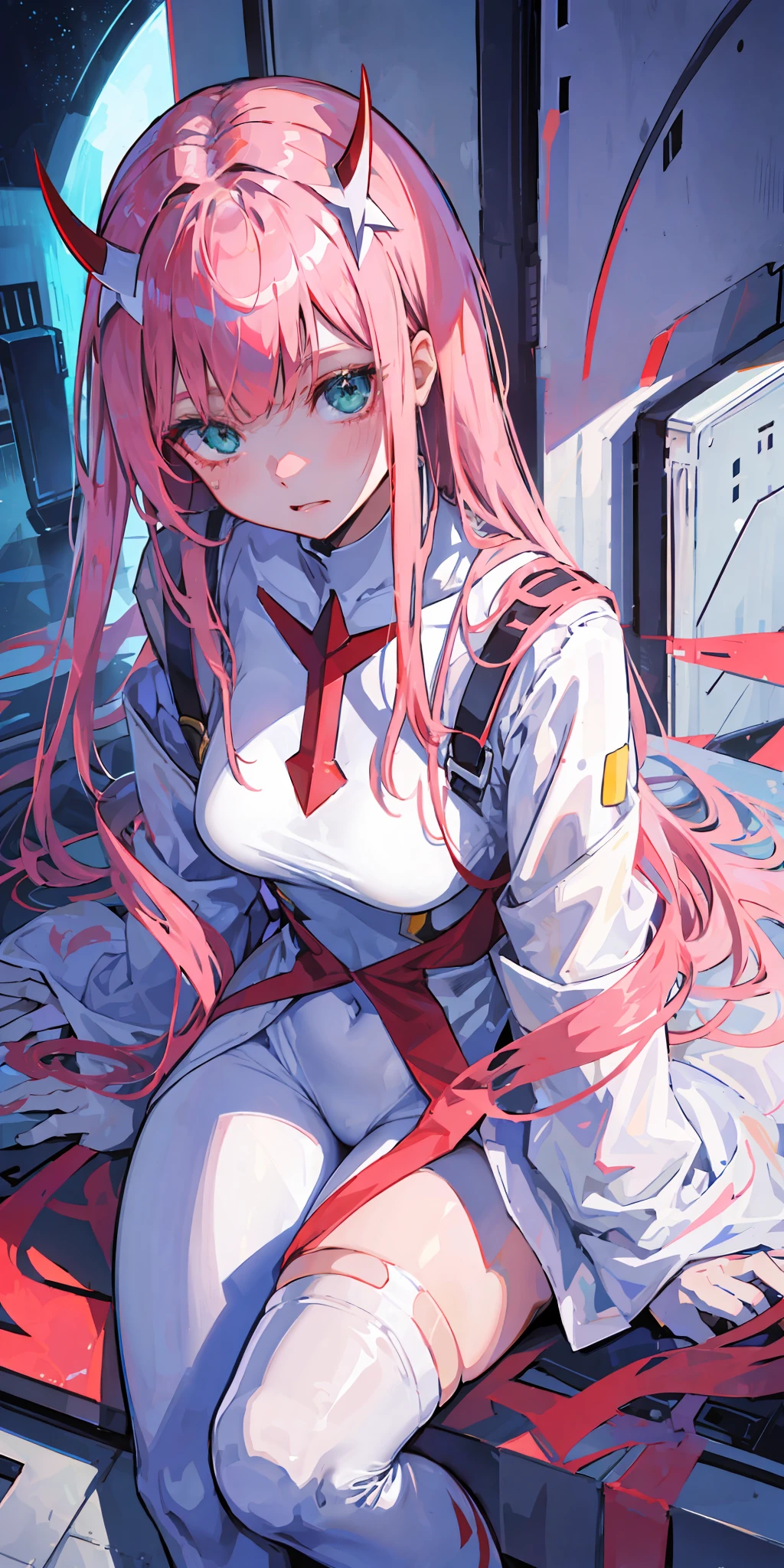 zero two \(darling in franxx\), darling in franxx, 1girl, bangs, bite, shadow, green eyes, horns, long hair, looking at the viewer, small breasts, big thighs, makeup, white bodysuit, pink hair, red eyeshadow, tight skin, solo