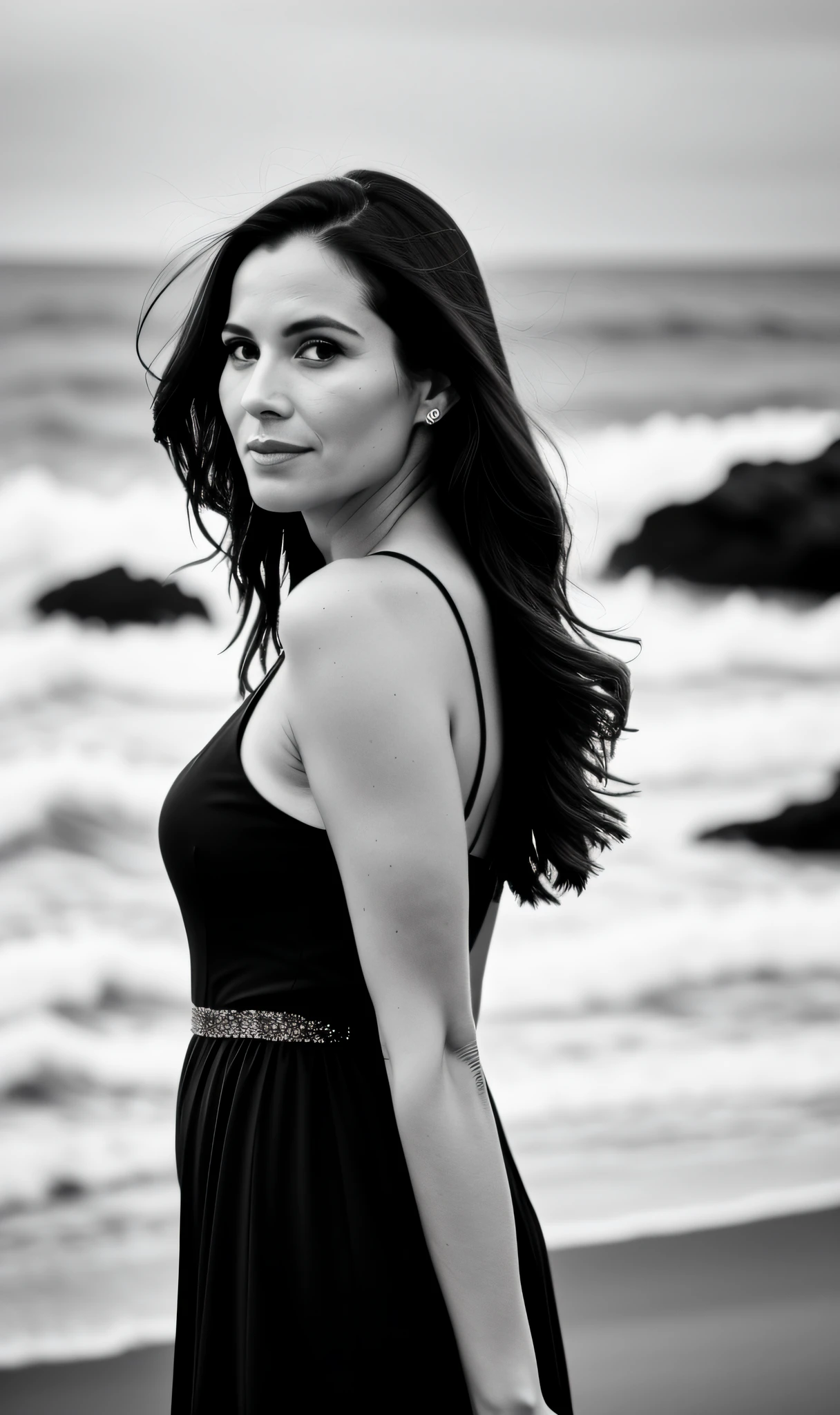 b&w photo of 42 y.o gorgeaus woman in black clothes, face, half body, body, high detailed skin, skin pores, coastline, overcast weather, wind, waves, 8k uhd, dslr, soft lighting, high quality, film grain, Fujifilm XT3