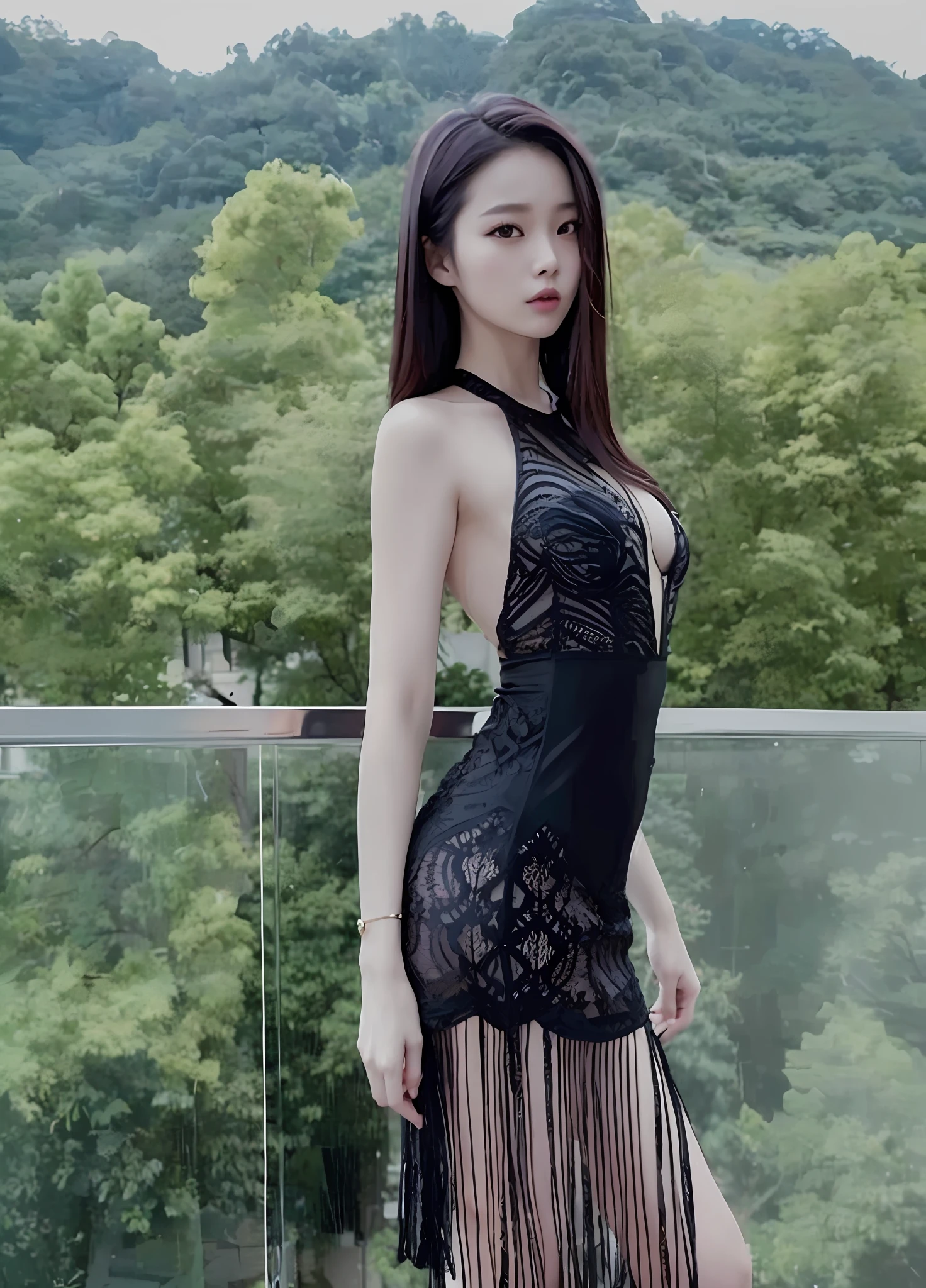 A woman in a black dress posing on the balcony, sexy dress, gorgeous Chinese model, full body fairy, cheongsam, Chen Xintong, Chinese girl, beautiful asian girl, open dress, Ye Wenfei, Asian girl, Wu Xisen, Korean girl, sexy dress, gold reed, gorgeous lady, sheer dress, Lin Xinru --auto --s2