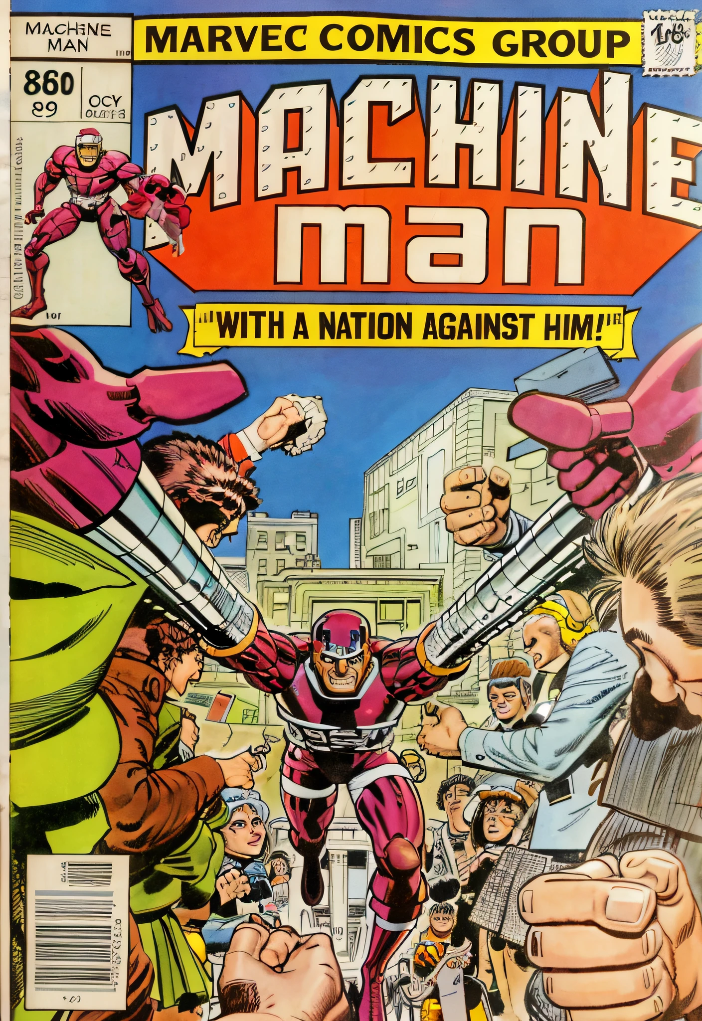 a close up of a comic book cover with a bunch of people, 1 9 7 0 s comic book, vintage 70s comic cover, portrait of machine man, enormous chrome man, comic book cover, cover shot, comic book's cover, comic cover, 1980s comic book panel, inspired by Jim Steranko, by Wayne England --auto --s2