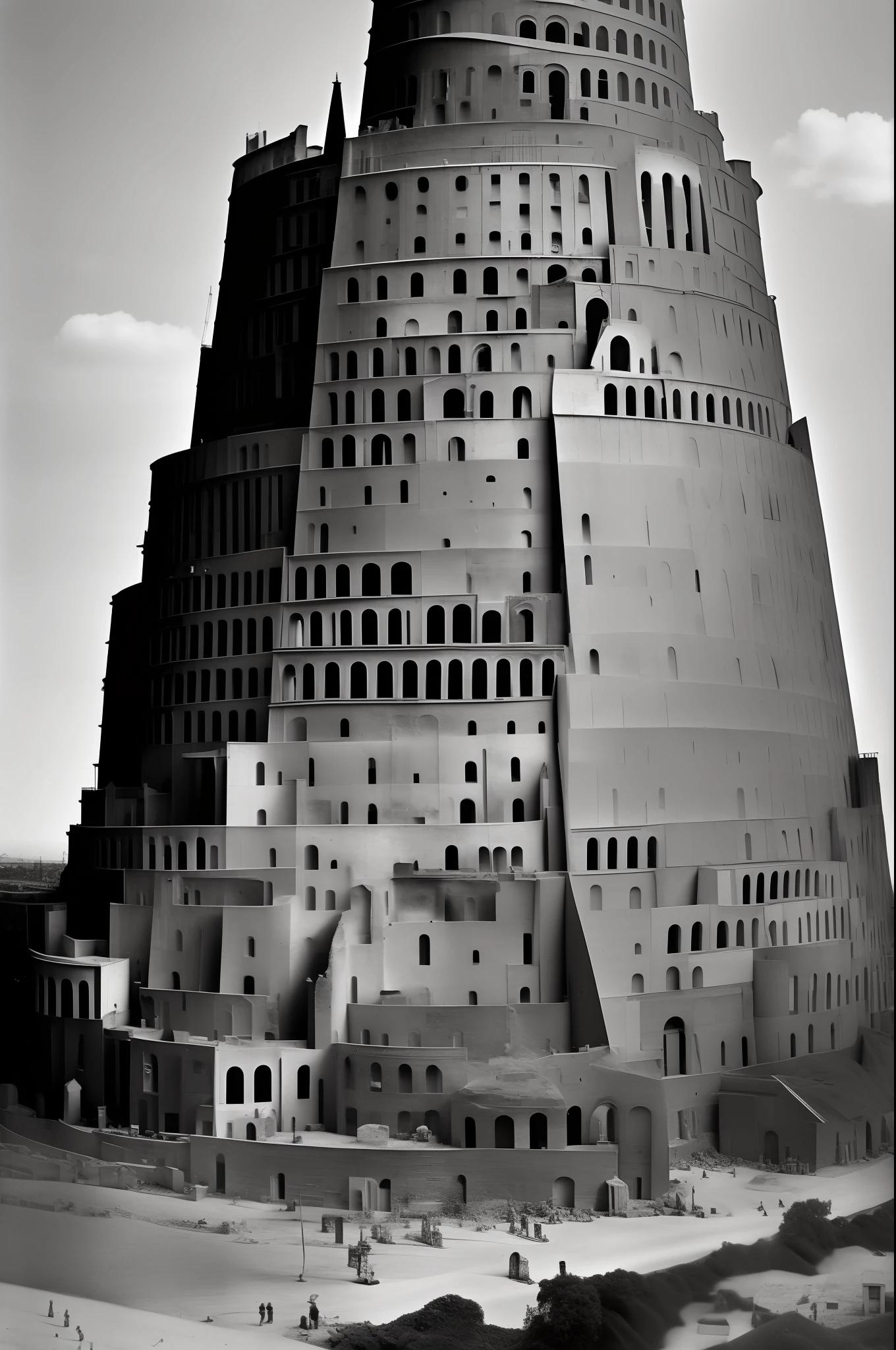 Black and white image of the tower of babel being built