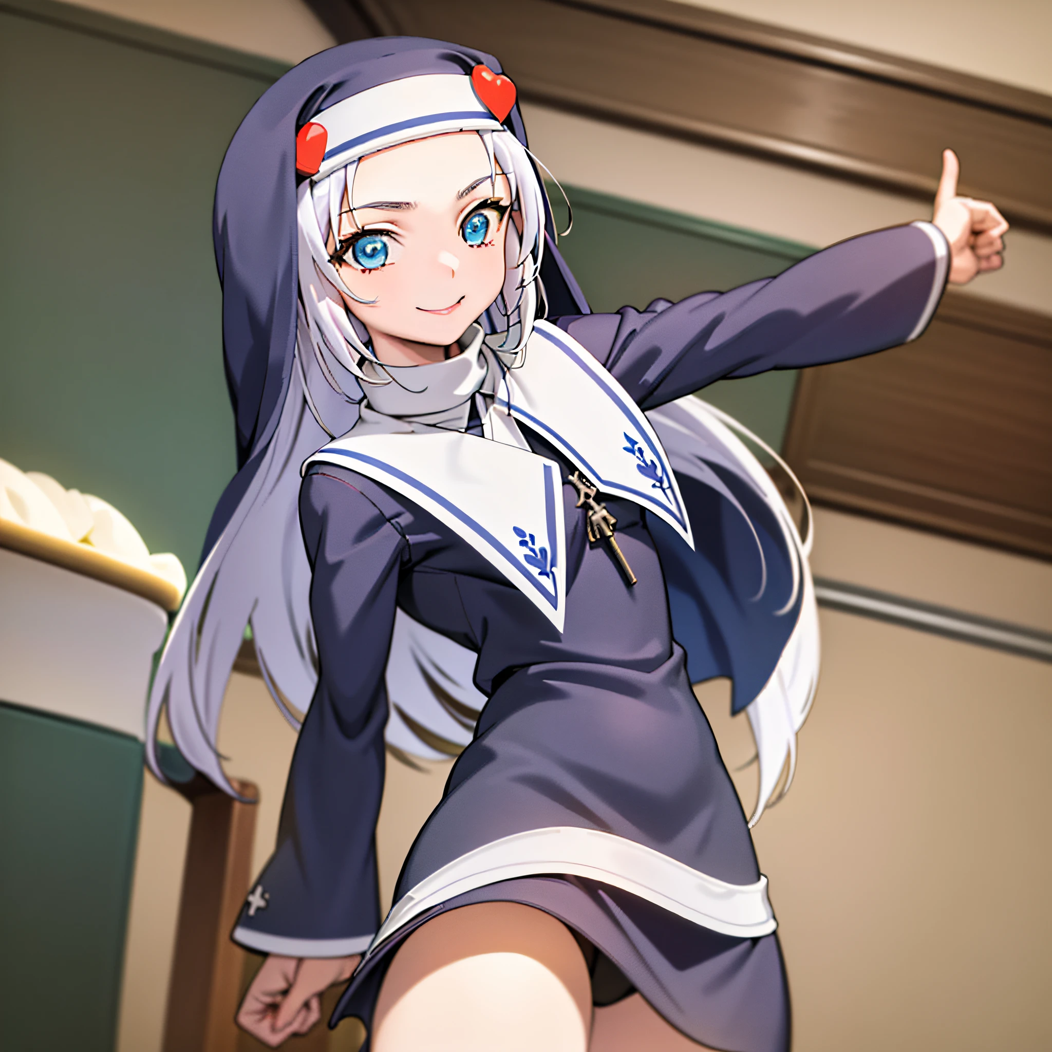 (best quality:1.1), (masterpiece:1.4), (absurdres:1.0), portrait, close-up,
1girl, takayama maria, silver hair, flat chest, blue eyes, long hair, nun, looking at viewer, classroom, smile, having