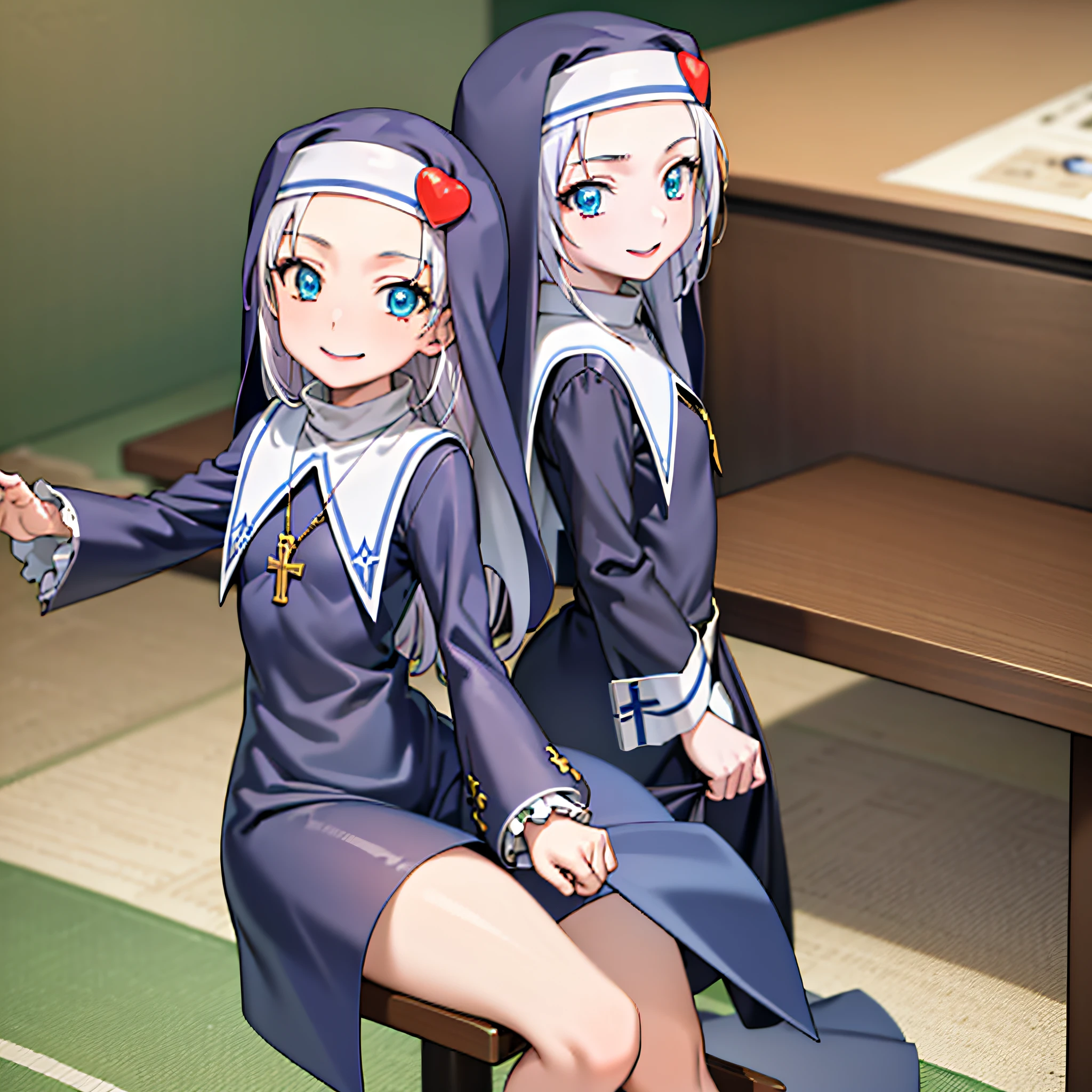 (best quality:1.1), (masterpiece:1.4), (absurdres:1.0), portrait, close-up,
1girl, takayama maria, silver hair, flat chest, blue eyes, long hair, nun, looking at viewer, classroom, smile, having