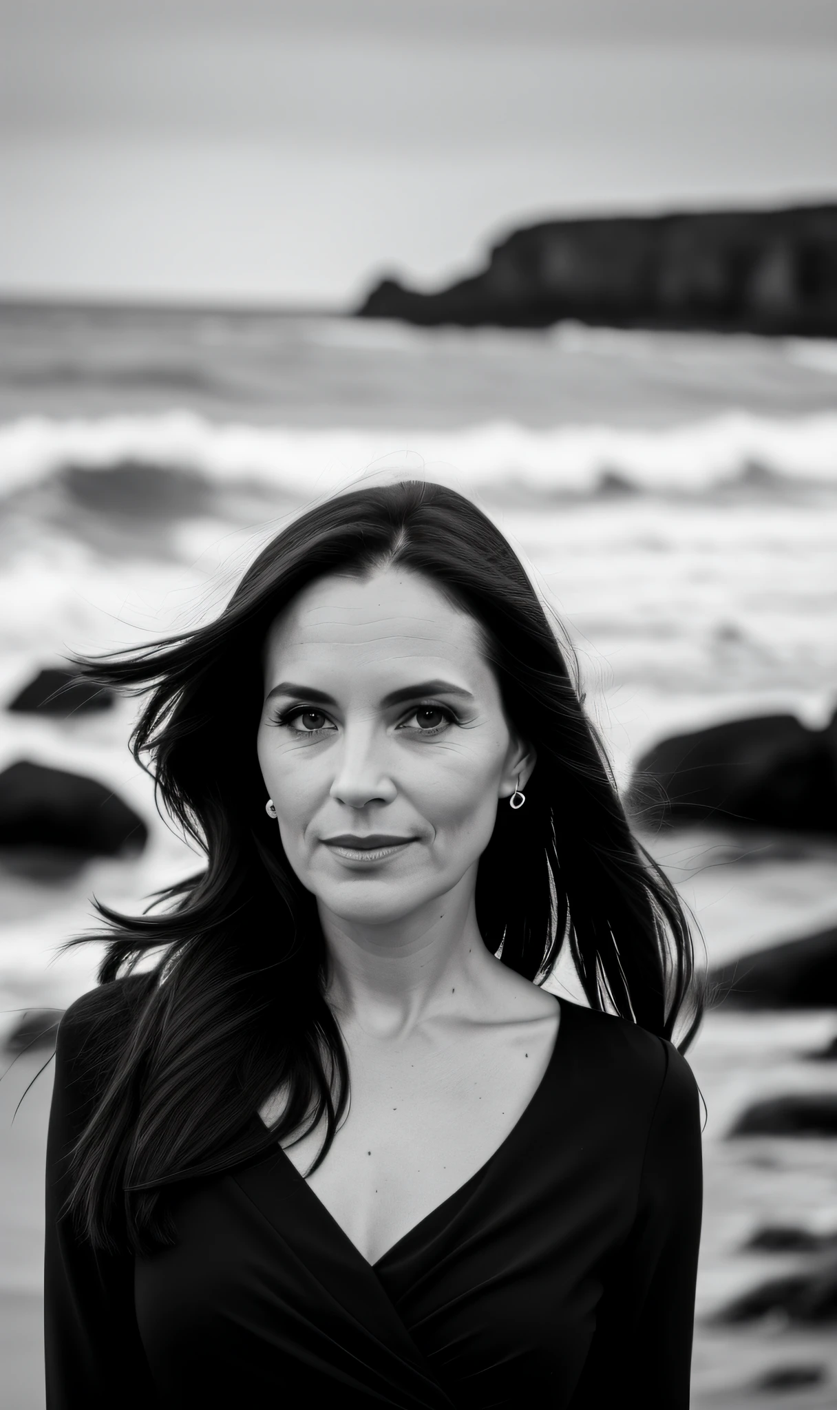 b&w photo of 42 y.o gorgeaus woman in black clothes, face, half body, body, high detailed skin, skin pores, coastline, overcast weather, wind, waves, 8k uhd, dslr, soft lighting, high quality, film grain, Fujifilm XT3