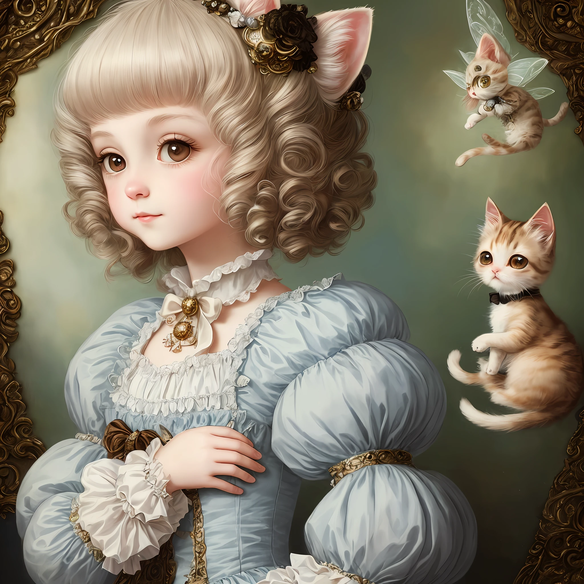 Insanely detailed adorable close-up portrait of an extremely cute fluffy French kitten in a fashionable outfit. Parisian background. Beautiful details, intricate details. Fabulous, dreamy. Alexander Jansson, Craig Davison, Mark Ryden, Fragonard, Arthur Rackham. A rendering of a cinematic character. Oil painting, 8k resolution, Close-up portrait of adorable chibi kawaii anthropomorphic kitten Marie Antoinette, masquerade costume. Perfect face, detailed face, delicate face, big round reflecting eyes.Fairy tale, vintage style, adorable. Margaret Keen, Mark Ryden, Alexander Jansson, Conrad Rosett. A 19th century masterpiece.