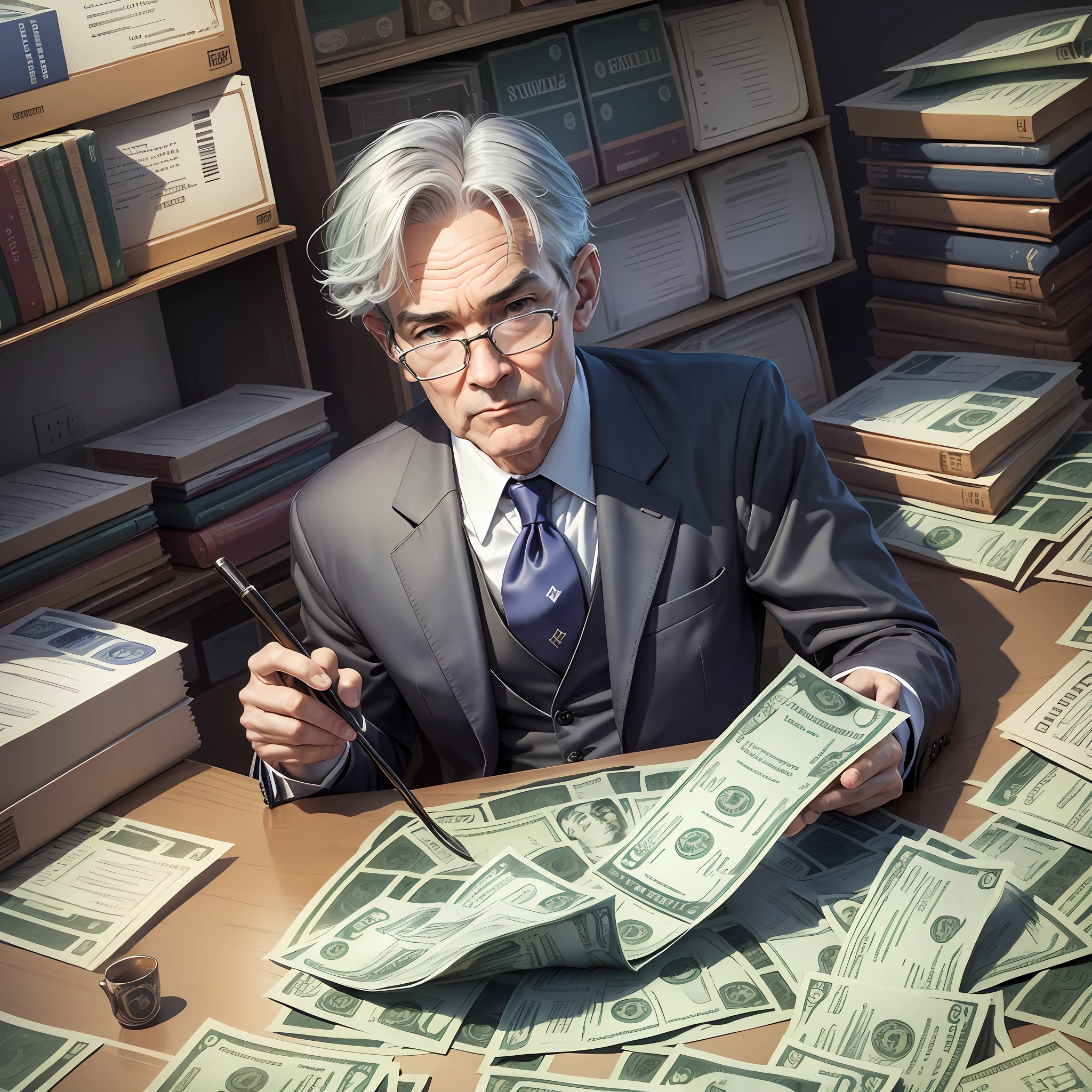 jerome powell realistic, swimming in sea of dollar bills -- style fantasy --auto --s2