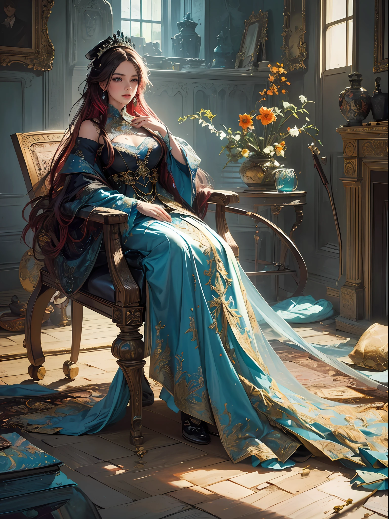 Silhouette of a Beautiful lady vibrant pastels top blouse :: flawless :: perfect :: by russ mills, anna dittman, Artgerm, WLOP :: hyperrealistic, hyper detailed, photorealistic :: a masterpiece, incredible composition, depth, meticulously Beautiful highly detailed ornate intricate gorgeous woman :: oil painting by Pino Daeni, a masterpiece :: gorgeous red long hair, perfect, easy sad, elegant robes, piercing blue eyes :: living room background :: triadic colours :: hyperrealistic, hyper detailed, photorealistic :: incredible composition, meticulously composed, 16k resolution concept art