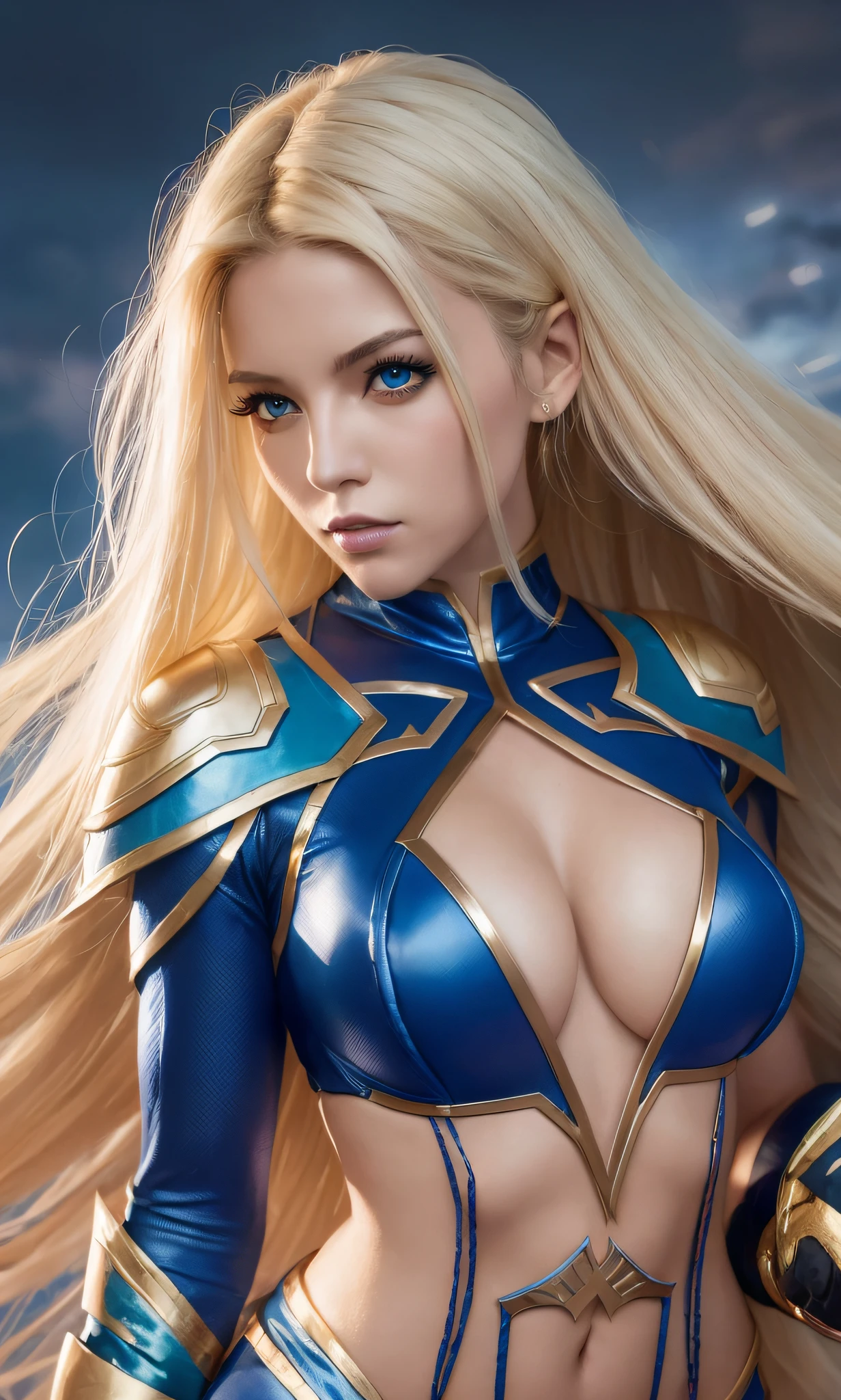 Woman in blue suit, scantily clad, Warcraft style, long flowing hair, spandex suit, attraction, long and luxurious light blonde hair, dark superstorm, superhero portrait, (((Totally different costume from traditional)))