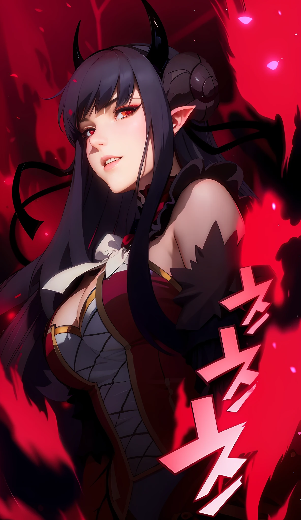 Beautiful Woman, High Quality, Marie Rose, Marie Rose from Overgeared, 4K, Seductive Look, Detailed Image, Red Eyes, Horns, Long Black Hair