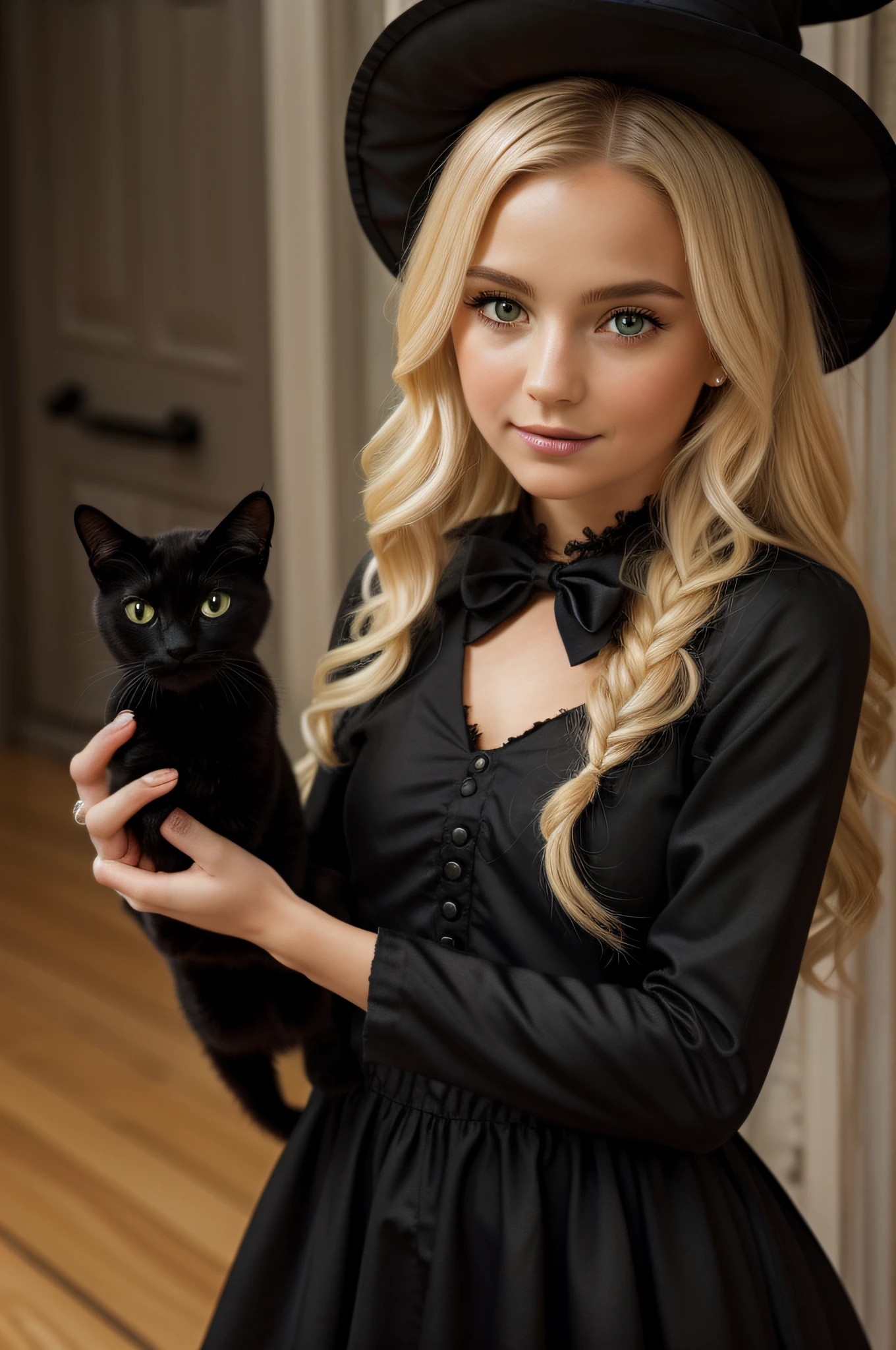 A detailed and charming description of a cute little witch in black with a delicate look, blonde hair and a black cat on the side. Its realistic 3D appearance is captivating, with soft and expressive strokes. The little witch wears a black dress adorned with magical details and holds a magic wand in her hand. Her blonde hair cascades down with a soft sheen, complementing her gentle and curious expression. Beside him, the shiny-furred black cat watches with mysterious, enigmatic eyes