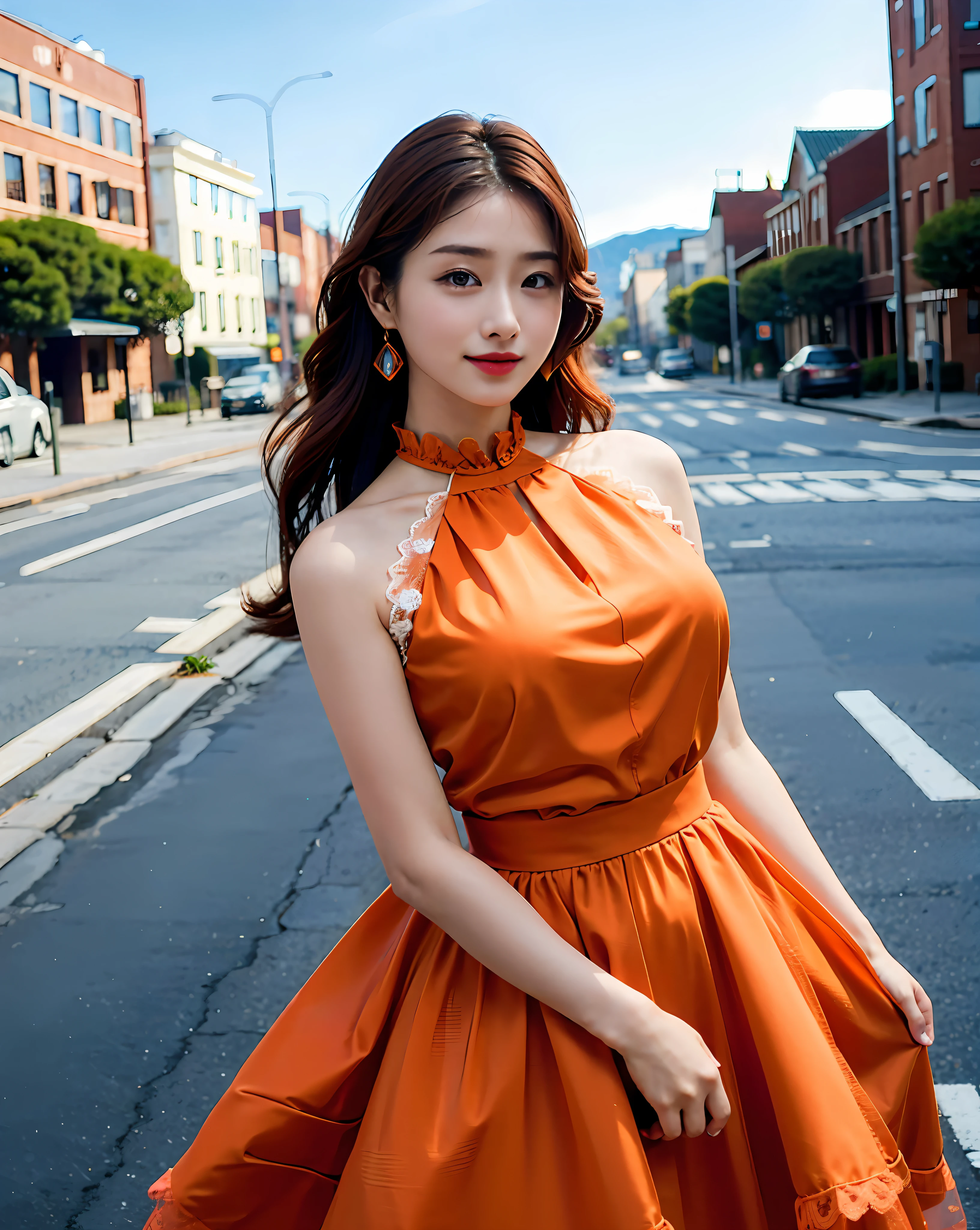 a woman posing on the street corner with light orange dress on, best quality, high res, 8k, 1girl, (huge breasts), day, bright, outdoor, (street:0.8), (people, crowds:1), (lace-trimmed dress:1.5, light orange clothes:1.5, orange high-neck dress:1.5, sleeveless dress, orange dress: 1.5), gorgeous, (medium hair), beautiful detailed sky, beautiful earrings, (dynamic pose:0.8), (upper body:1.2), soft lighting, wind, shiny skin, looking at viewer,