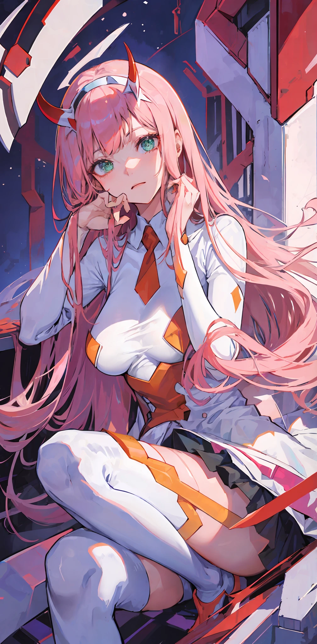 zero two \(darling in franxx\), darling in franxx, 1girl, bangs, bite, shadow, green eyes, horns, long hair, looking at the viewer, small breasts, big thighs, makeup, white bodysuit, pink hair, red eyeshadow, tight skin, solo