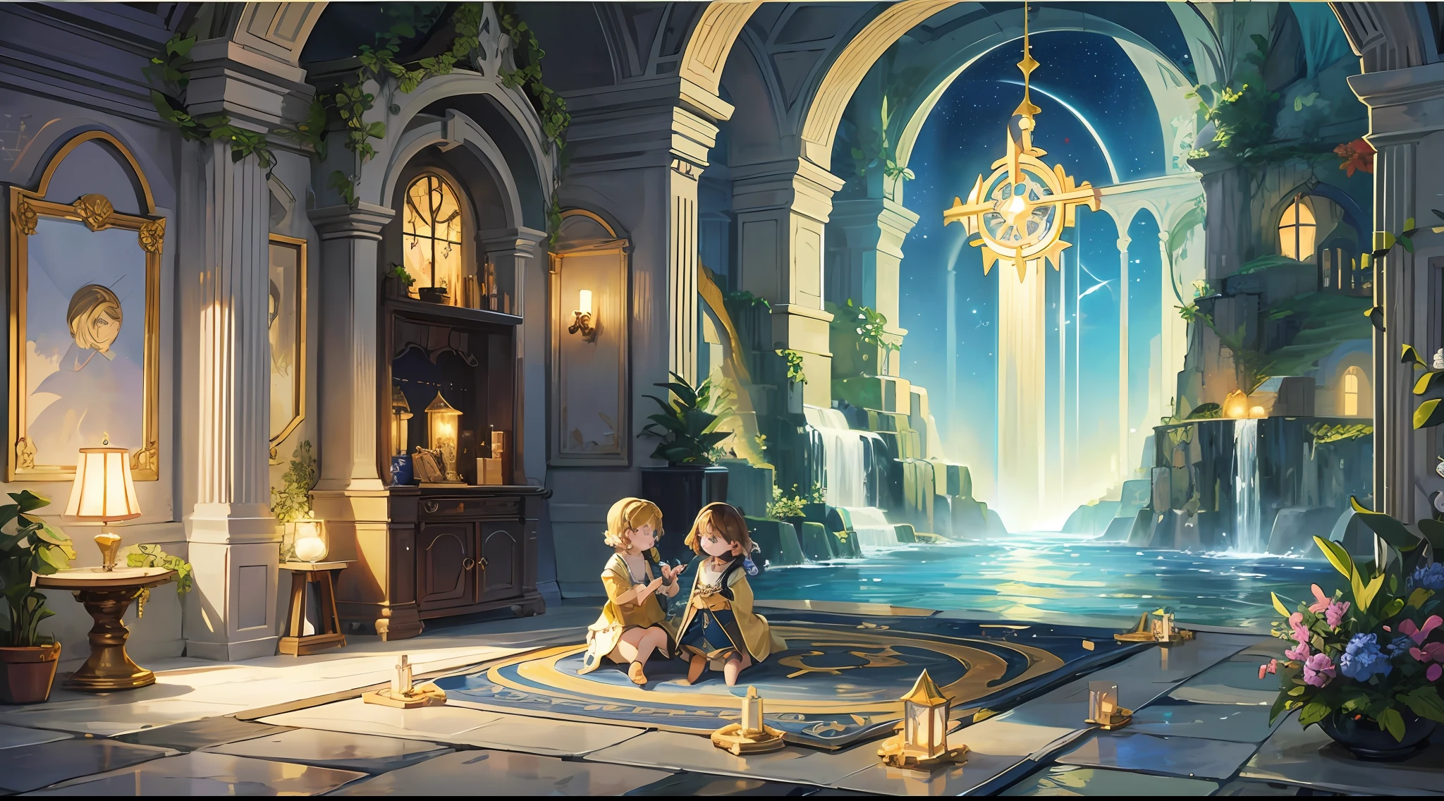 treasure island; starry sky at night; Stone Grotto; treasure with gold and jewelry np floor; children's style children's drawing style --auto --s2