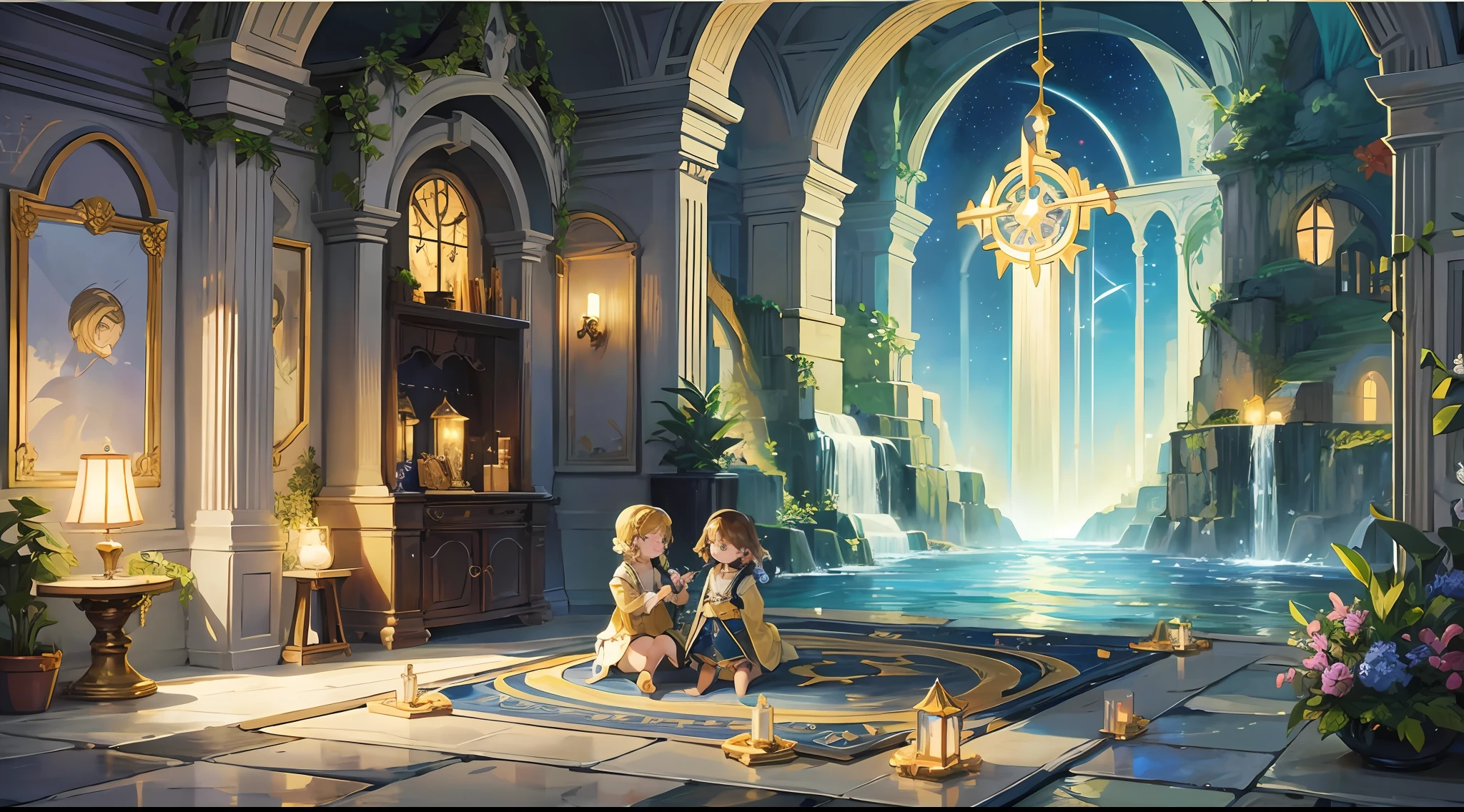 treasure island; starry sky at night; Stone Grotto; treasure with gold and jewelry np floor; children's style children's drawing style --auto --s2