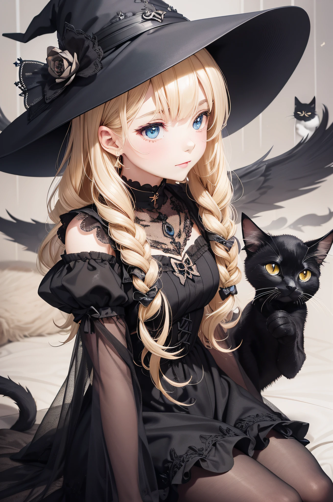 A detailed and charming description of a cute little witch in black with a delicate look, blonde hair and a black cat on the side. Its realistic 3D appearance is captivating, with soft and expressive strokes. The little witch wears a black dress adorned with magical details and holds a magic wand in her hand. Her blonde hair cascades down with a soft sheen, complementing her gentle and curious expression. Beside him, the shiny-furred black cat watches with mysterious, enigmatic eyes
