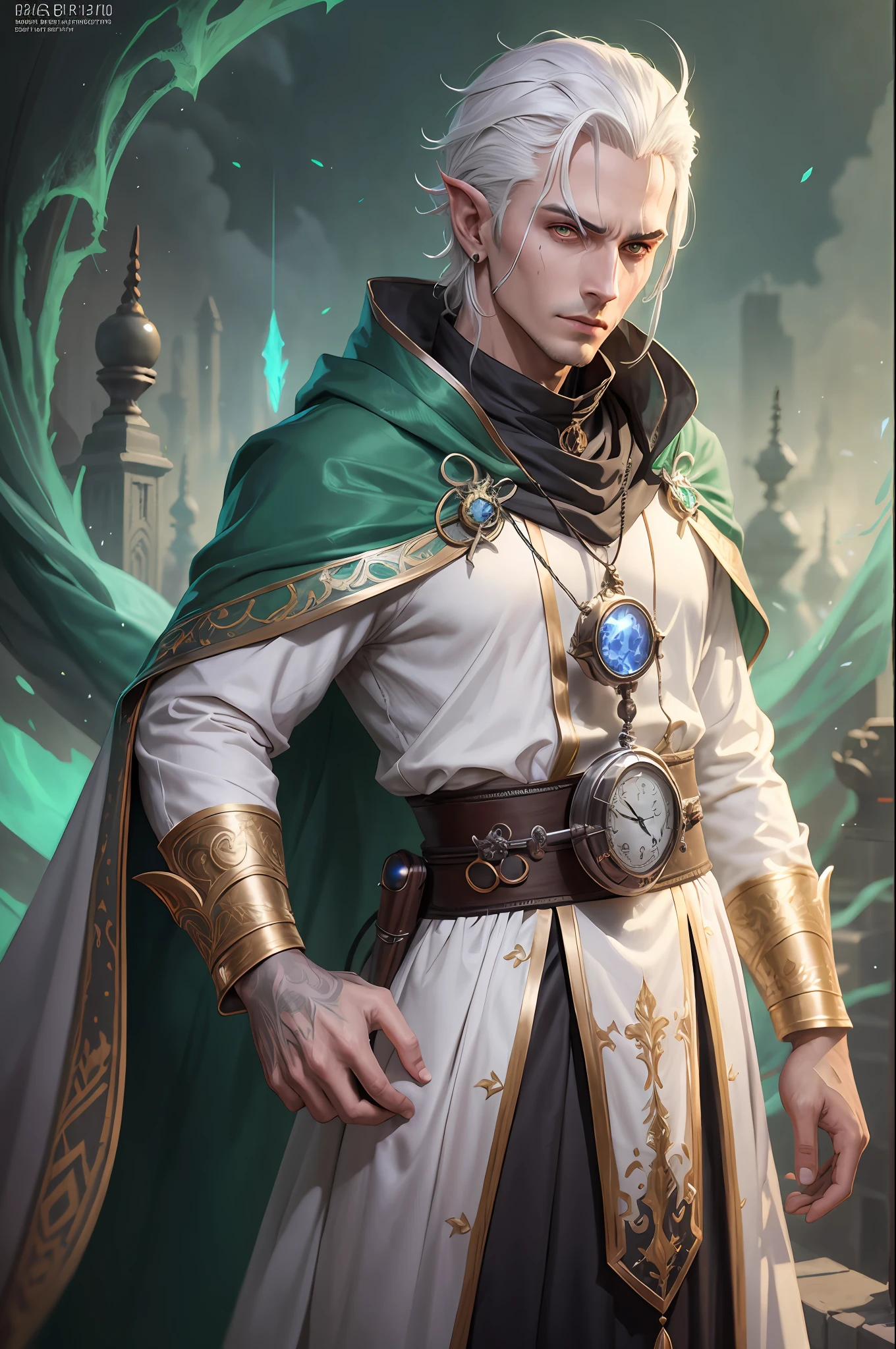 Male githzerai, Sorcerer, DnD, short male white hair slicked back, white robe, old pocket watch in hand, Green skin, black spot in face, 8k, detailed cat eyes, yellow eyes, dungeon and dragons, epic , dramatic , fantastical, full body, Time control magic theme, cinematic, detailed face, whole body, dark green skin, Clock Theme, Whole body, white robe