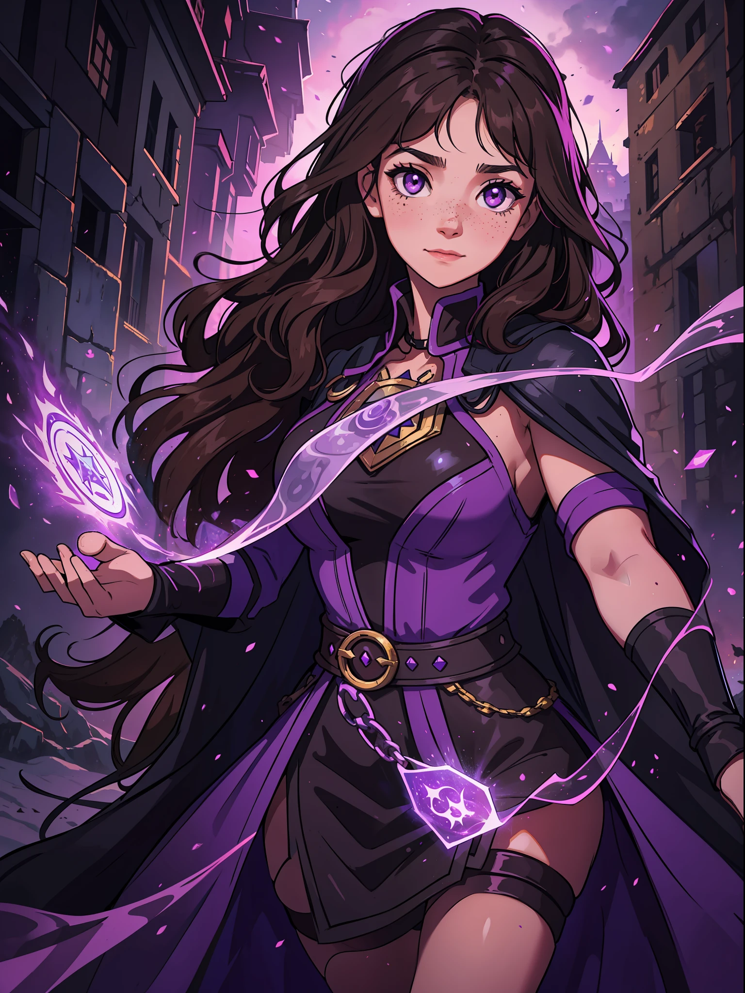 a young  woman with wavy curly dark brown hair and purple purple eyes she has some freckles and a determined look a sweet smile on her face she is a sorceress a magician wearing powerful magic robes for a medieval rpg, the background filled with magic and magical lights contour lights and cinematic lights in a fortress in the mountains,  She is conjuring magic magical power, this woman must be in a city surrounded by volcanoes a dark medieval city with black colors and magma through the streets like a city in the underworld of Hades