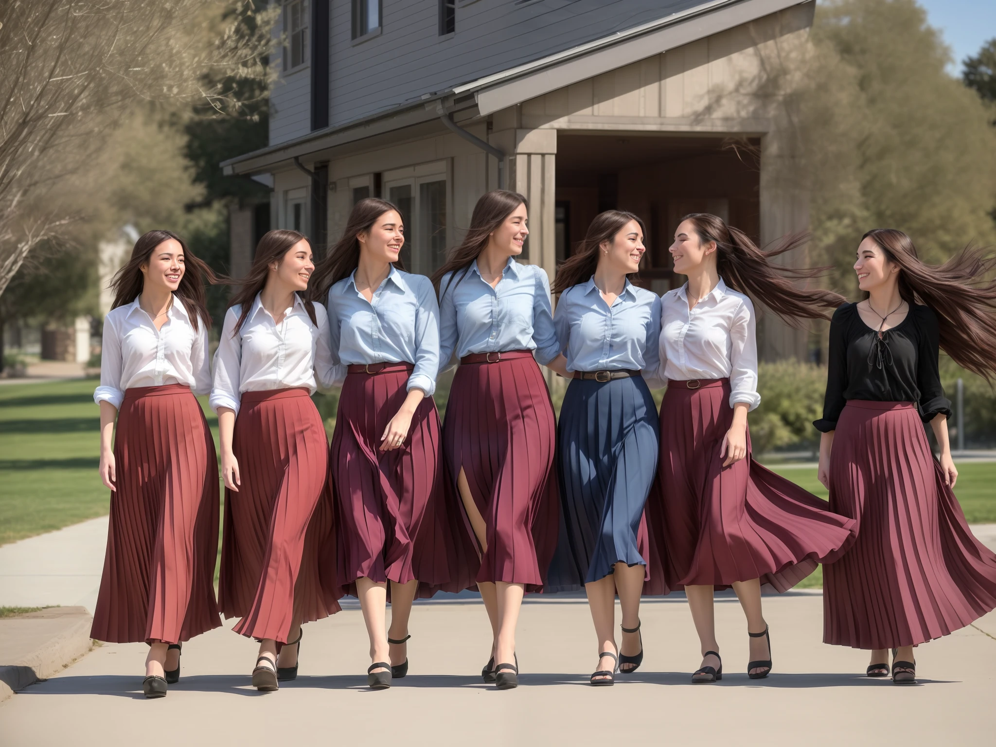 (8k UHD, DSLR, high fidelity, f/8, iso 100 group photograph of many tender, kind, flirty, smiling, attractive women who are going to love you and kiss you and they are all wearing long pleated skirts), (wind blowing, windy:1,1),