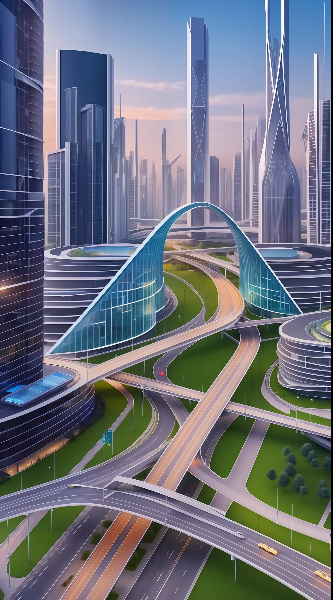 (Best Quality, 8k, 32k, Masterpiece, UHD: 1.3), A super developed, modern and futuristic city with wide streets and futuristic architecture. Electric flying cars crisscross the skies, connecting neighborhoods by suspension bridges. Magnetic levitation trains run through underground tunnels, providing fast travel. The city is highly connected, with high-speed internet and IoT. Sustainability is a priority, with solar energy, rainwater harvesting and green areas. Security is ensured by smart cameras and AI. Research and education centers focused on science and technology drive progress. It is a city where the future becomes reality.