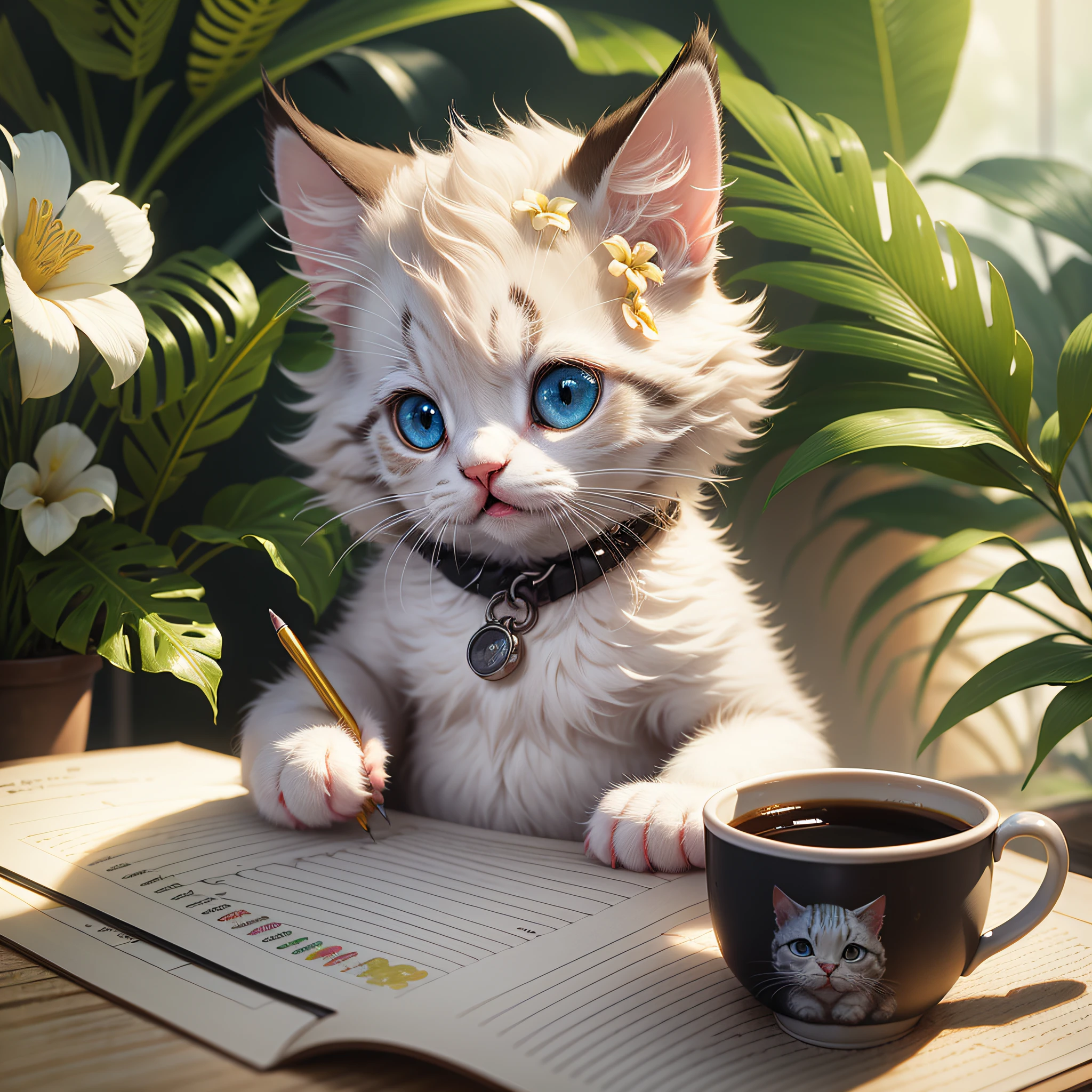 Very cute white tropical punk kitten, big eyes, in a cup, laughter, excitement, flowers, professional light, golden magic moment, pencil drawing, octane rendering, dynamic composition --auto --s2