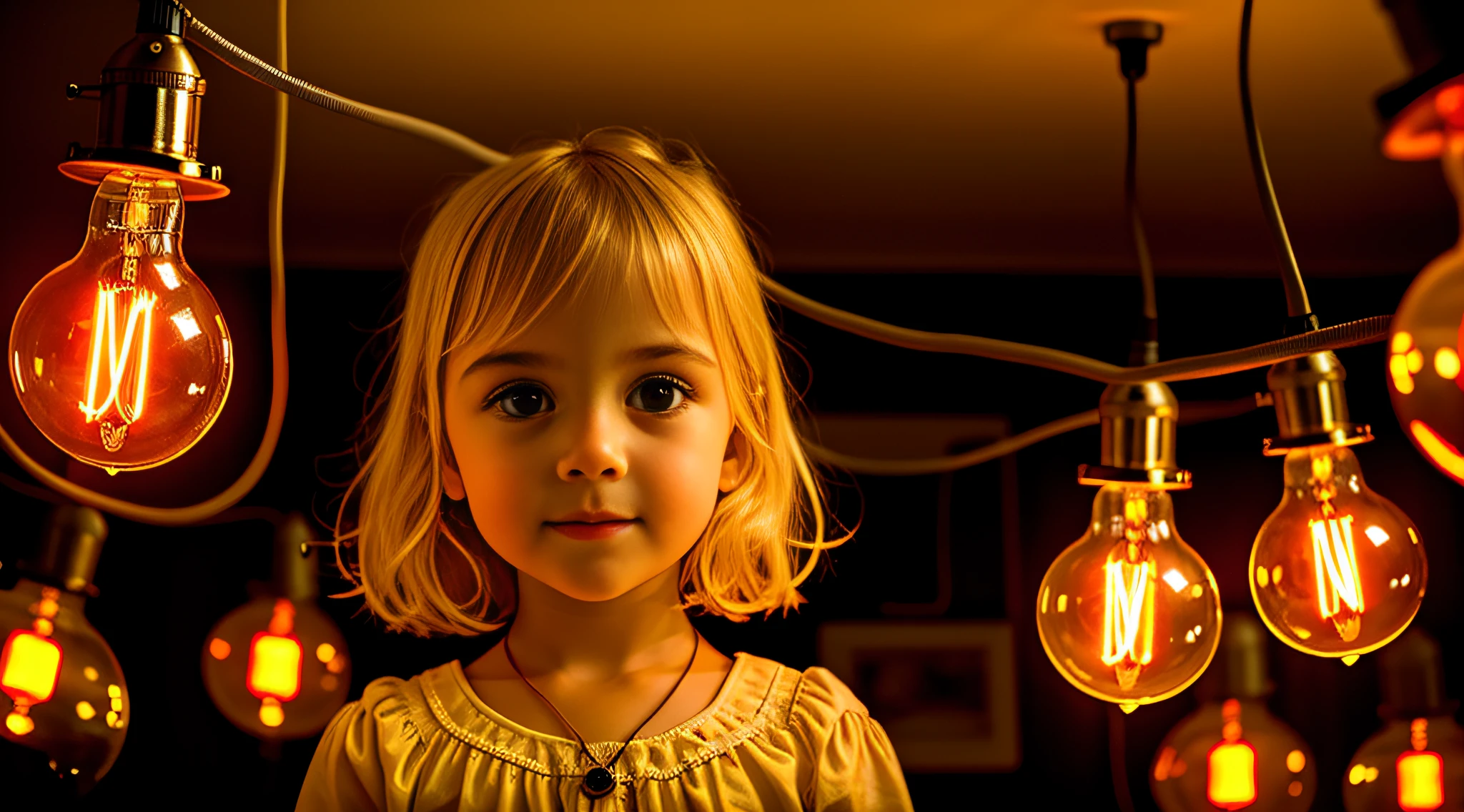 there is a GIRL CHILD 12 YEARS BLONDE CABEL SMOOTH BIG, PORTRAIT, , a closeup of a lot of lamps hanging from a ceiling, nostalgic lighting, lamps, retro lights, some lamps, vibrant lighting, vibrant lights, various lighting climate, commercial lighting, industrial lighting, technological lights, creative lighting, many bright lights, cold hot lighting, bright lamps, glass lamps,  bright electric orange lights, warm lighting, nixie tubes