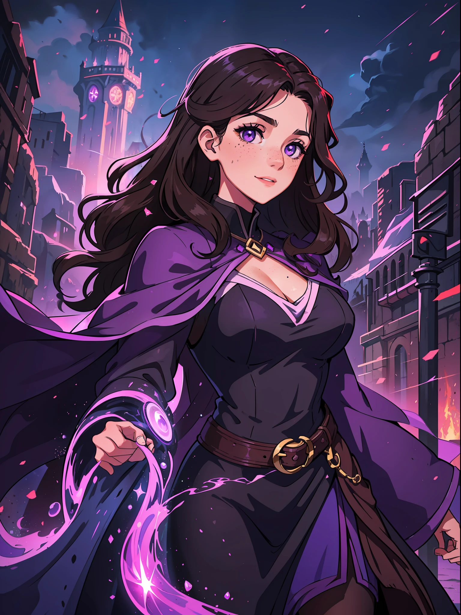 a young teenage woman with wavy curly dark brown hair and purple purple eyes she has some freckles and a determined look a sweet smile on her face she is a sorceress a magician wearing powerful magic robes for a medieval rpg, the background filled with magic and magical lights contour lights and cinematic lights in a fortress in the mountains, She is conjuring magic magical power, this woman must be in a city surrounded by volcanoes a dark medieval city with black colors and magma through the streets like a city in the underworld of Hades