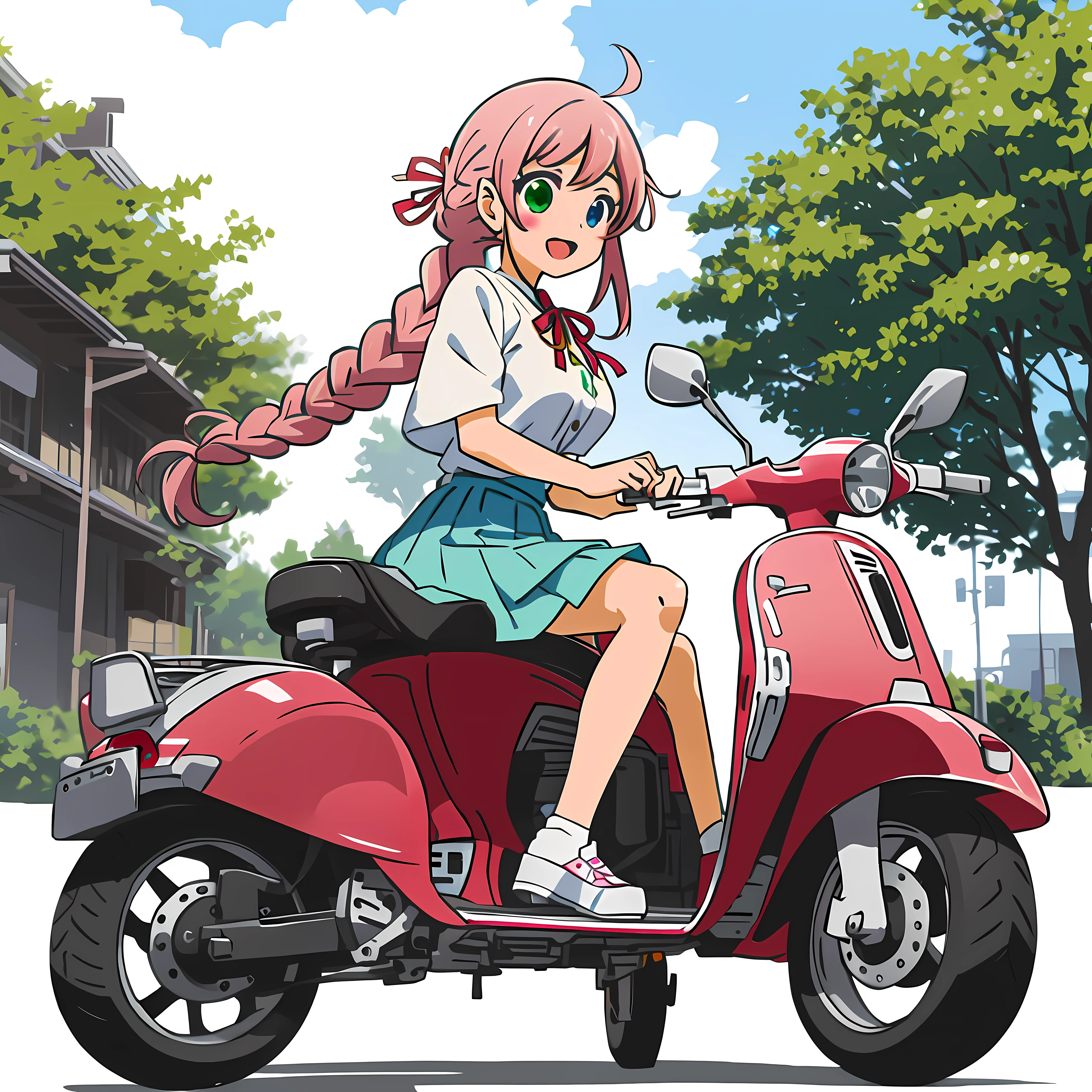 Anime illustrations in the style of "Kyoto Animation", highest quality, (cute: 1.1), (cute), (high resolution: 1.2), incredibly ridiculous: 1.3, incredibly fine illustrations, break,1 beautiful girl, solo, (heterochromia, light blue eyes and light green eyes), silhouette of star eyes, solo, standing figure, happy, :d, princess eyes, big breasts, break, braid, light pink hair, semi-long hair, red ribbon at the end of braid, break, (girl sitting on a red Vespa, driving ),from the side