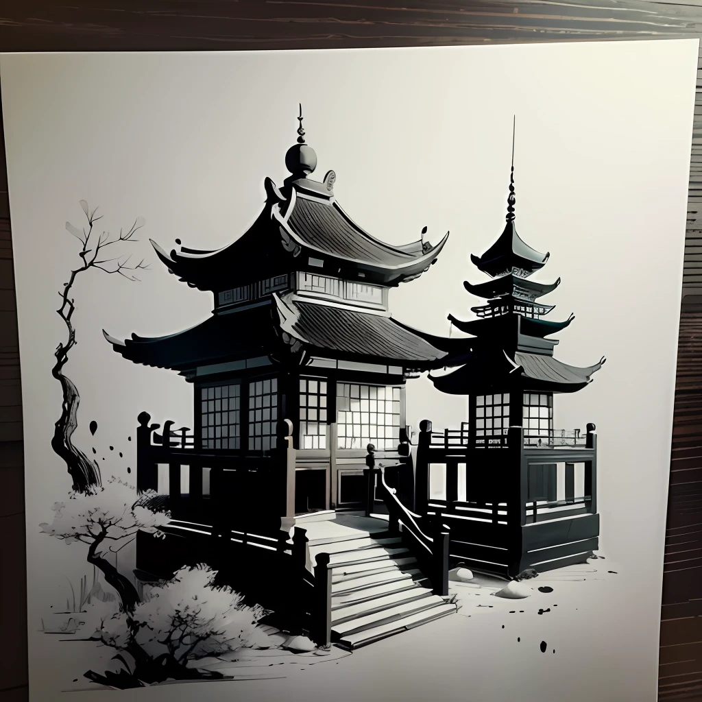 Black and white, nobody, two-color, no other colors, silhouette drawing, nobody, pagoda, chinoiserie, pen and ink, brush strokes, ink, nobody --auto --s2