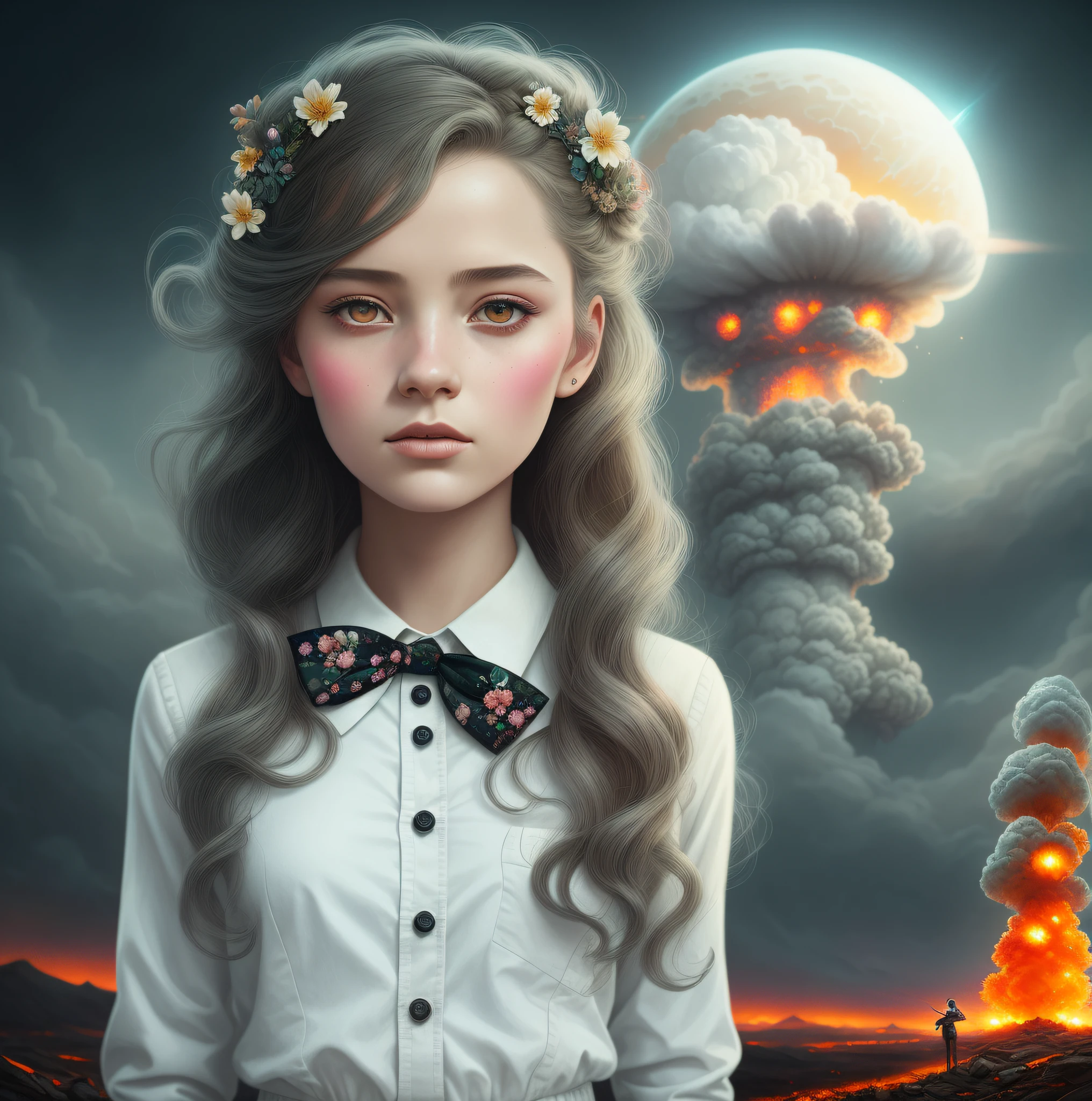 there is a woman with a bow tie and a flower in her hair, stunning digital illustration, beautiful fantasy art portrait, in front of a nuclear explosion, apocalyptic art, yuri shwedoff and tom bagshaw, a beautiful artwork illustration, surreal beautiful young woman, beautiful digital artwork, beautiful surreal portrait, pop surrealism art style, mushroom cloud in the background