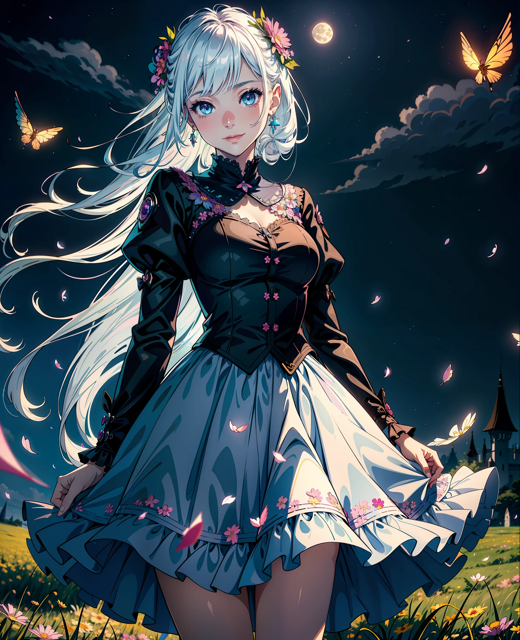 masterpiece, best quality, 1girl, (colorful),(delicate eyes and face), volumatic light, ray tracing, bust shot ,extremely detailed CG unity 8k wallpaper,solo,smile,intricate skirt,((flying petal)),(Flowery meadow) sky, cloudy_sky, moonlight, moon, night, (dark theme:1.3), fantasy, windy, magic sparks, dark castle,white hair