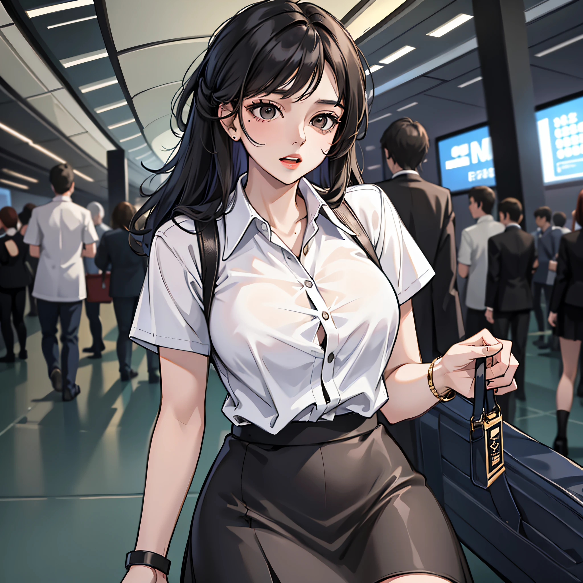 1 woman, black hair, white skirt, airport, speechless