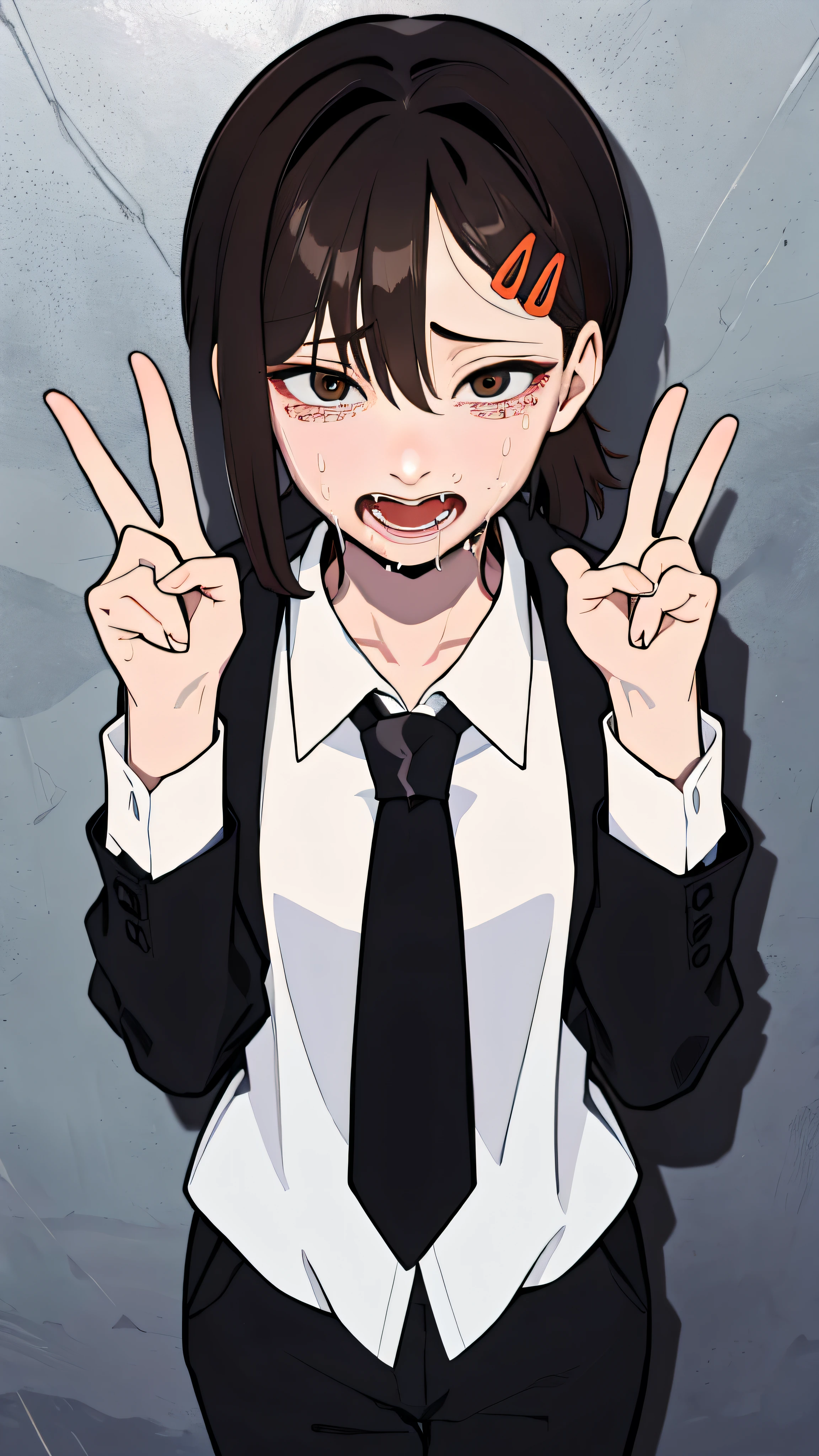 (SFW), (Masterpiece: 1.2), Best Quality, Masterpiece, High Resolution, Original, Very Detailed Wallpaper, (Super Detail), (Best Illustration), (Best Shadow), (Best Shadow), (Realism), Small, Perky, Black Pants, Mad Face, Yandere, Sweating, Crying, Blushing, Black Derby Tie, White Collared Shirt (Brown Eyes), 25 years old, (Peace Sign), Crotch Open, Open Legs, whole body, scary, fear, tears, runny nose, snot