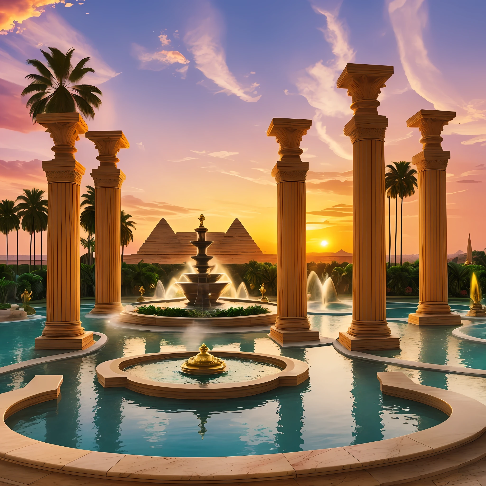 garden of babilonia with thermal waters and fountains, marble pilasters, palm trees in the environment, with pyramids adorned with gold, and a sunset in the sky --auto --s2
