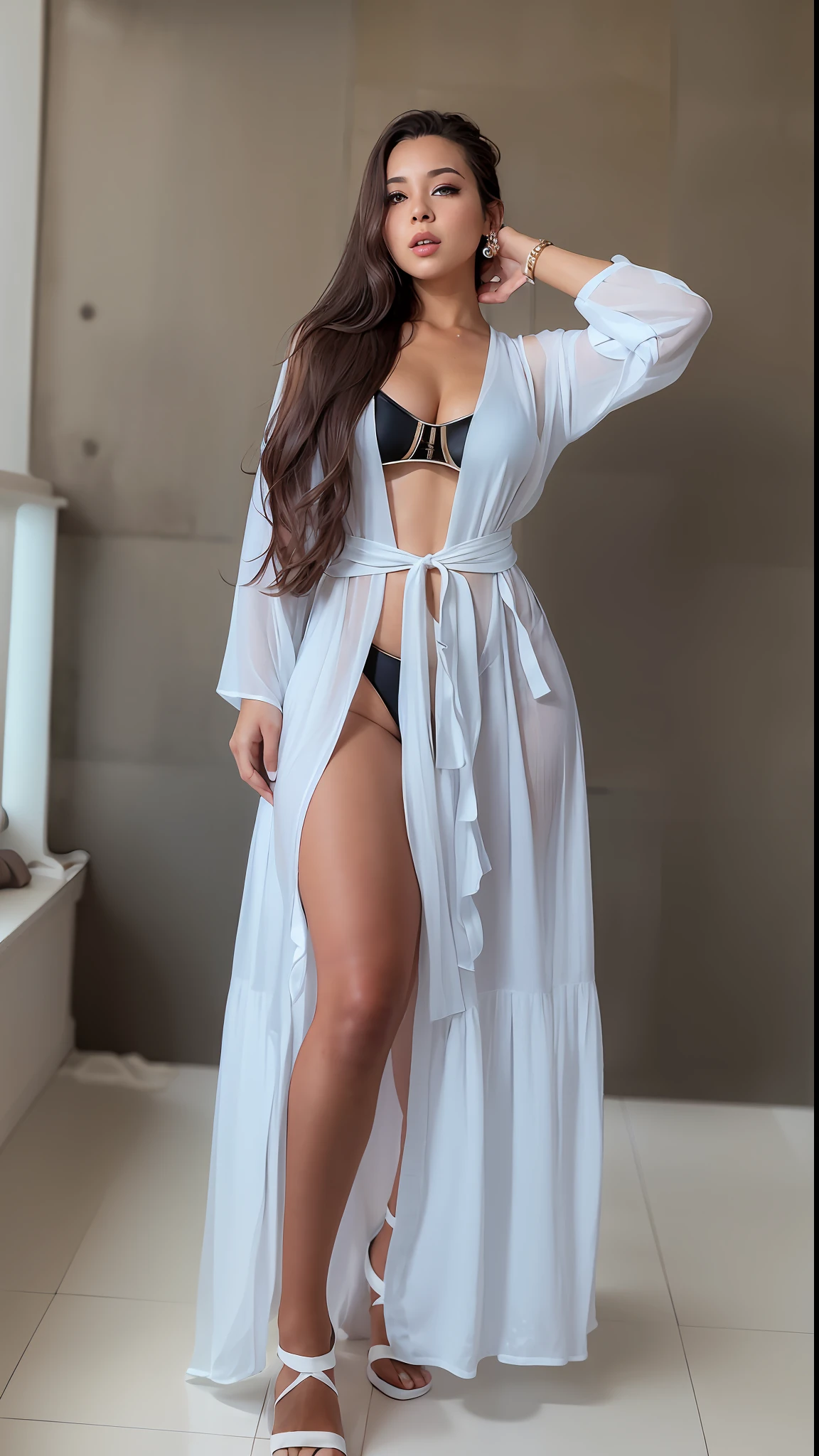 a woman in a white dress and sandals posing for a photo, long flowing white robe, sexy :8, profile picture, sexy girl, 1 8 yo, white sarong, dress a long white, angelawhite, open dress, wearing long white robe, sexy look, wearing white robe, white robe,