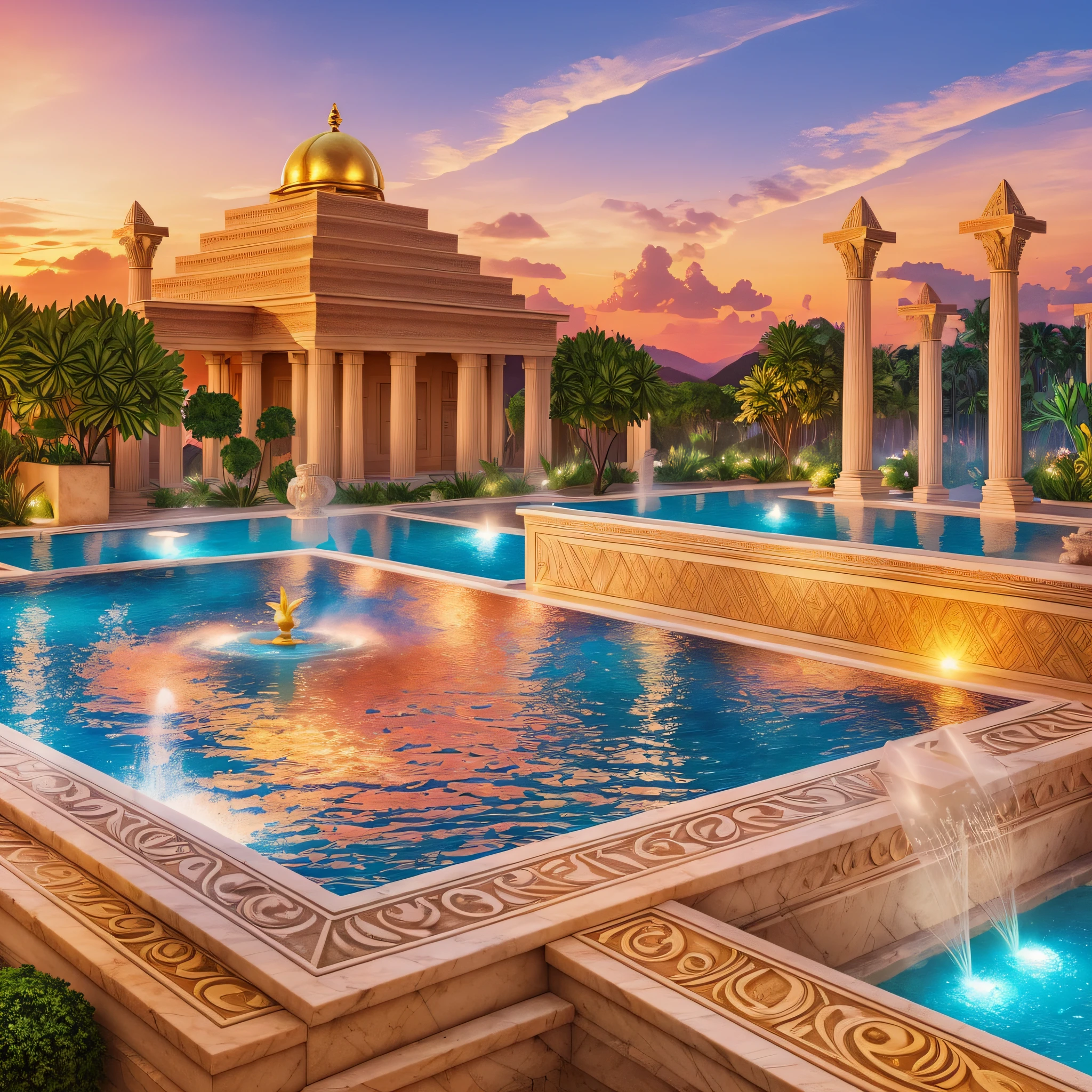garden of babilonia with thermal waters and fountains, marble pilasters, palm trees in the environment, with pyramids adorned with gold, and a sunset in the sky --auto --s2