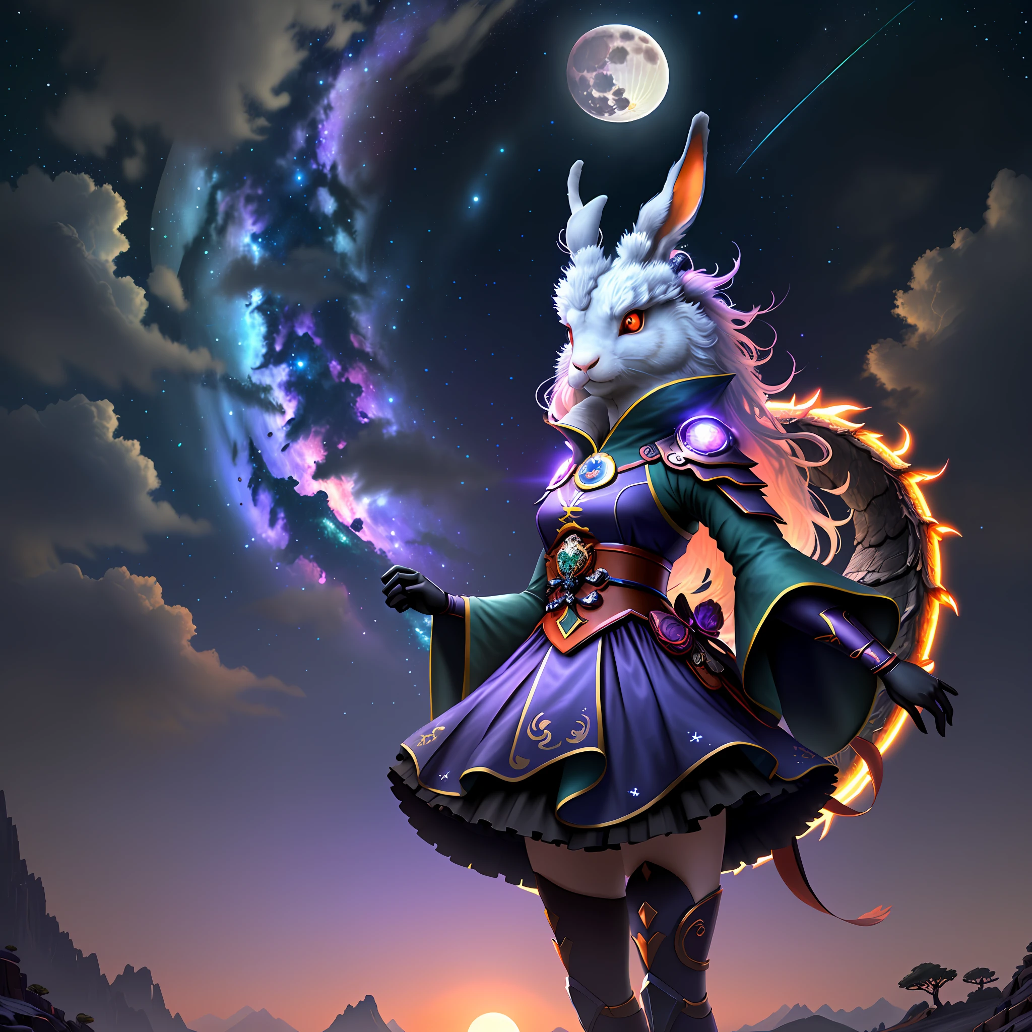 Vast landscape photos, (looking at the sky and the wilderness below), "A rabbit, magical, anthropomorphic, girl, angry expression, glowing eyes, Wanruo mask, Hanfu, background of ancient Chinese streets, night." Genshin Impact Impact, Best Quality, High Detail, High Quality, Ultra High Resolution, OC Rendering, 8K" Standing in a Flower Field and Looking Up, (Full Moon: 1.2), (Meteor: 0.9), (Nebula: 1.3), Far Away Mountains, Tree Breaking Making Art, (Warm Source: 1.2), (Firefly: 1.2), Lights, Purple and Orange, Intricate Details, Volumetric Lighting BREAK (Masterpiece: 1.2), (Highest Quality), 4K, Ultra Detailed, (Dynamic configuration: 1.4), Highly detailed and colorful details (rainbow color: 1.2), (Sparkling lighting, atmospheric lighting), Dreamy, magical, (Solo: 1.2), (Ying Dragon God), (Through the clouds), (Top of the mountains), (Complex), (Super Detail), (Starry Sky Background), (Stout Limbs), (Moon Night), (Ultra Clear), (Best Quality),
