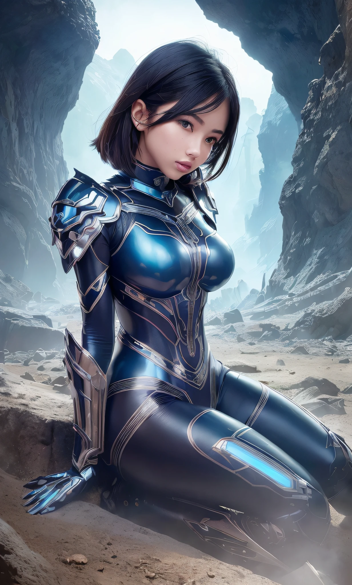 ((In a world ravaged by devastation, a very beautiful and young female figure emerges.) In HD-4K resolution, its perfect body is covered by a futuristic armor and very tight to its body, dark blue and light blue lines, designed with elegance and resistance. Every detail of her appearance is impeccable, perfect body, young and symmetrical in every line of her figure, seated erotic pose, background on the surface of an unexplored planet, perfect and sharp features.