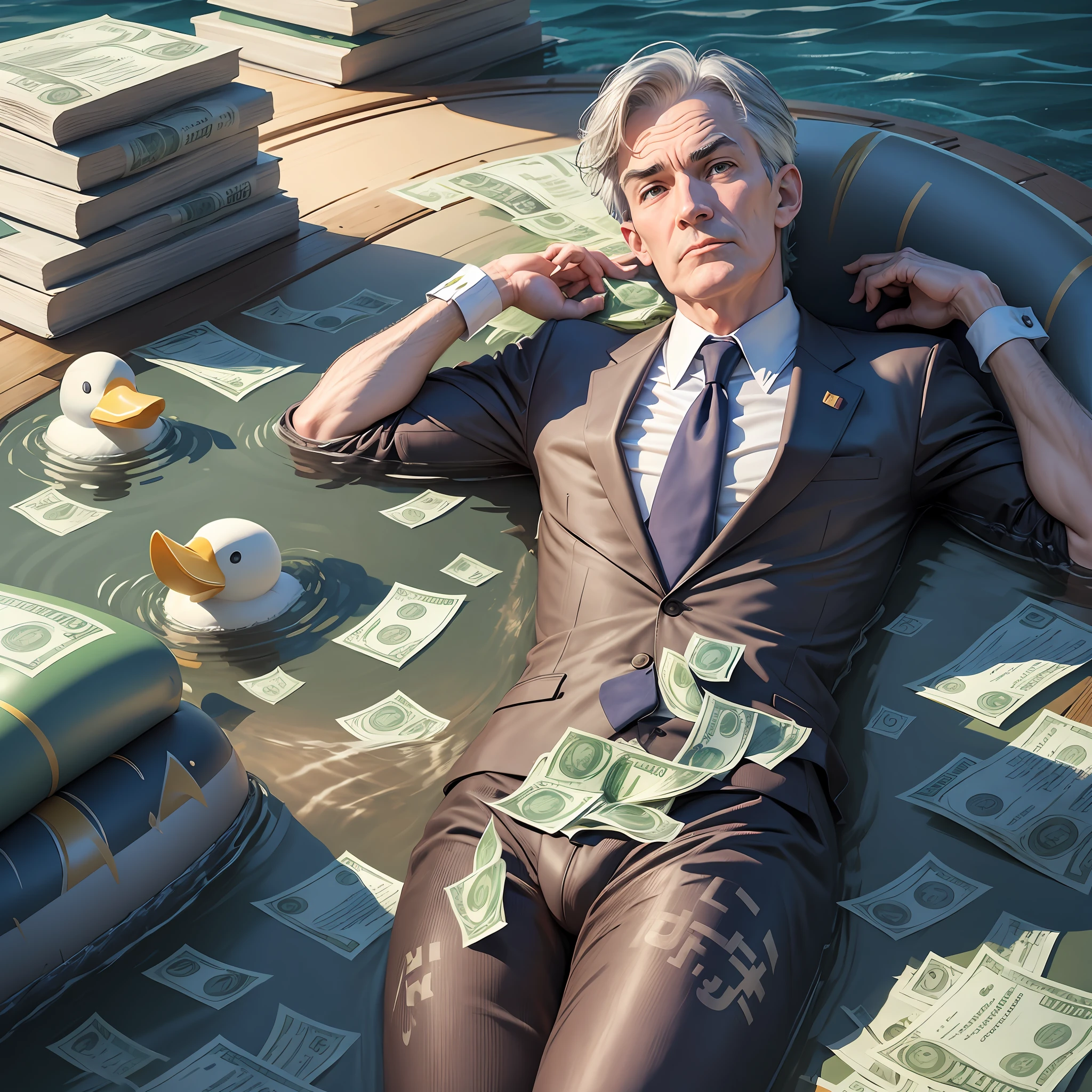 jerome powell realistic lying on an inflatable duck, swimming in sea of dollar bills -- style fantasy --auto --s2
