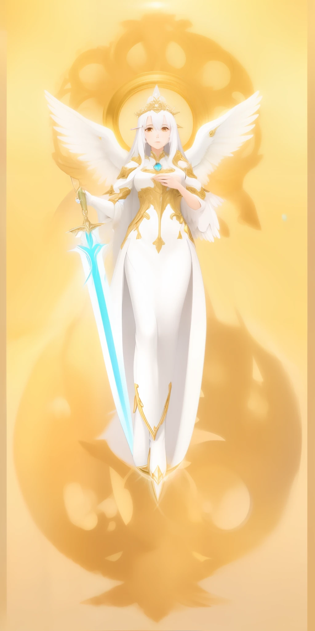 Anime - style image of a woman dressed in white holding a sword, goddess of light, goddess of time, bright white aura, like the goddess of the sun, beautiful celestial magician, portrait of the queen of light, knights of the girl of the zodiac, princess of light, white-haired deity, priestess, goddess of space and time, elf priestess, very large wings, multiple wings, multicolored wings,