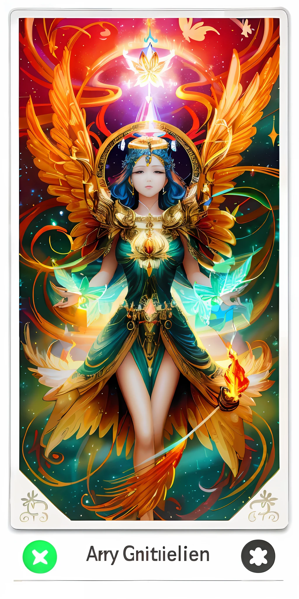a picture of a woman with wings and a halo above her head, celestial goddess, the butterfly goddess of fire, goddess art, with fiery golden wings, 3 d goddess portrait, goddess. extremely high detail, goddess portrait, a stunning portrait of a goddess, with fiery golden wings of flame, appears as the fire goddess, portrait of a beautiful goddess
