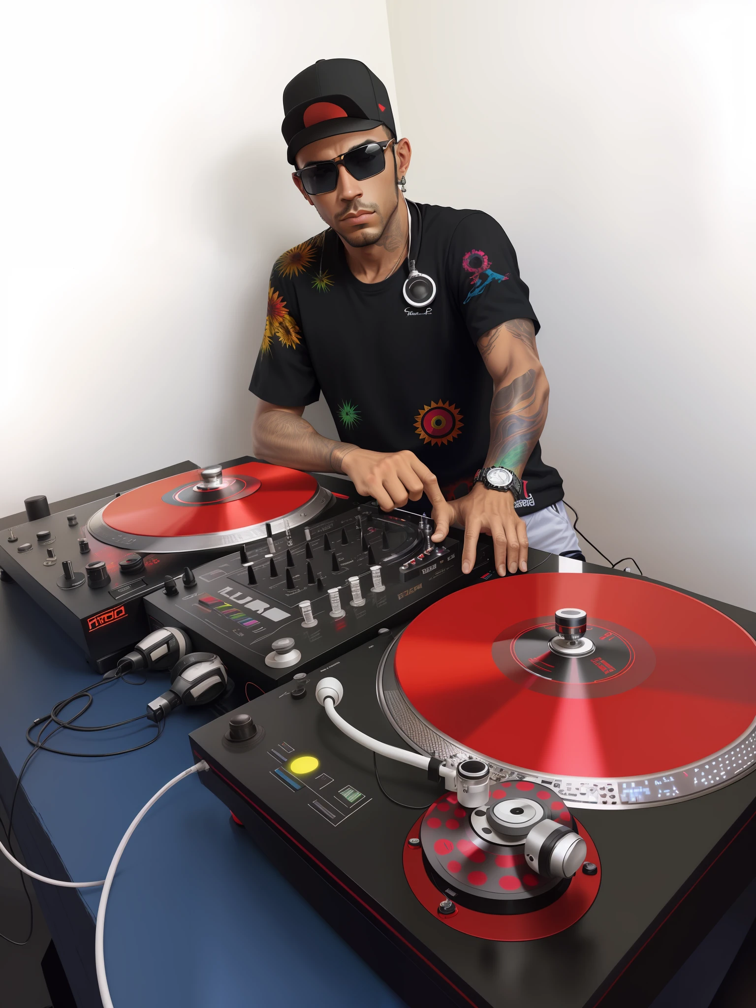 arafed man in sunglasses sitting at a table with a dj's turntable, turntablism dj scratching, dj, djing with dj turntables, dj sura, dj set, playing techno house music, turntablist, david rios ferreira, by Willian Murai, edu souza, turntables, unknown artist, dr zeus, dj at a party, artistic pose