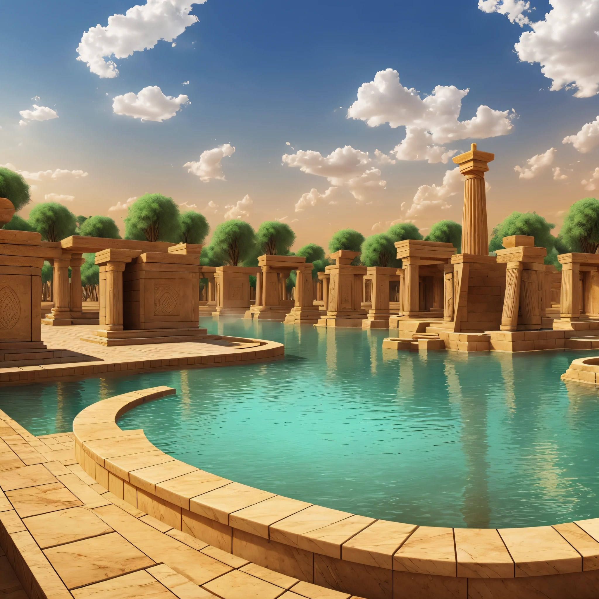 Babylonian garden with hot springs and fountains, marble pilasters with wooded environment with pyramids adorned with gold --auto --s2