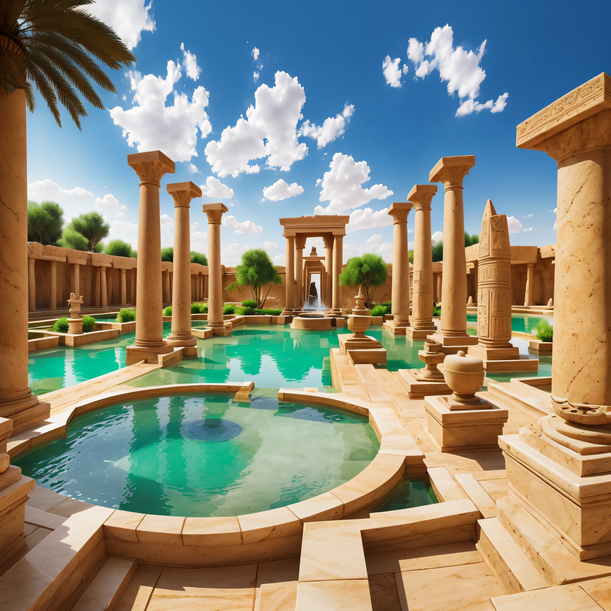 Babylonian garden with hot springs and fountains, marble pilasters with wooded environment with pyramids adorned with gold --auto --s2