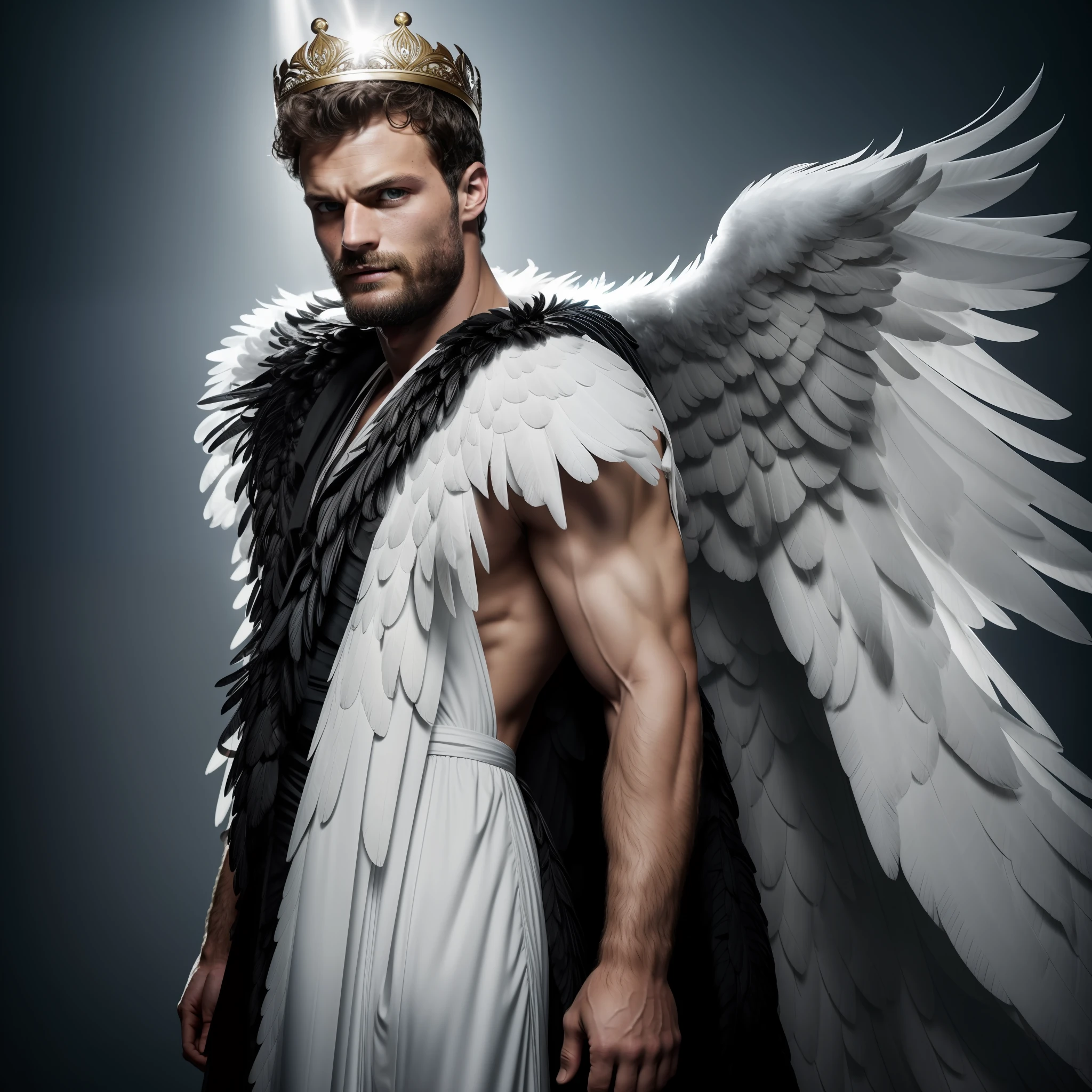 Man with large wings of white feathers on the back, praying, large wings, Jamie Dornan, eyes of light, wearing short black beard, wearing Golden Crown, focus on the details of the face, coming out happy rays, serious and attractive man, wearing white robe, magical and real effect, movie cover, with magical light explosions, powerful celestial warrior, similar to actor Jamie Dornan,  Dark black image background, (8k, RAW photo, best quality, masterpiece: 1.2), (realistic, photorealistic: 1.37), professional lighting.