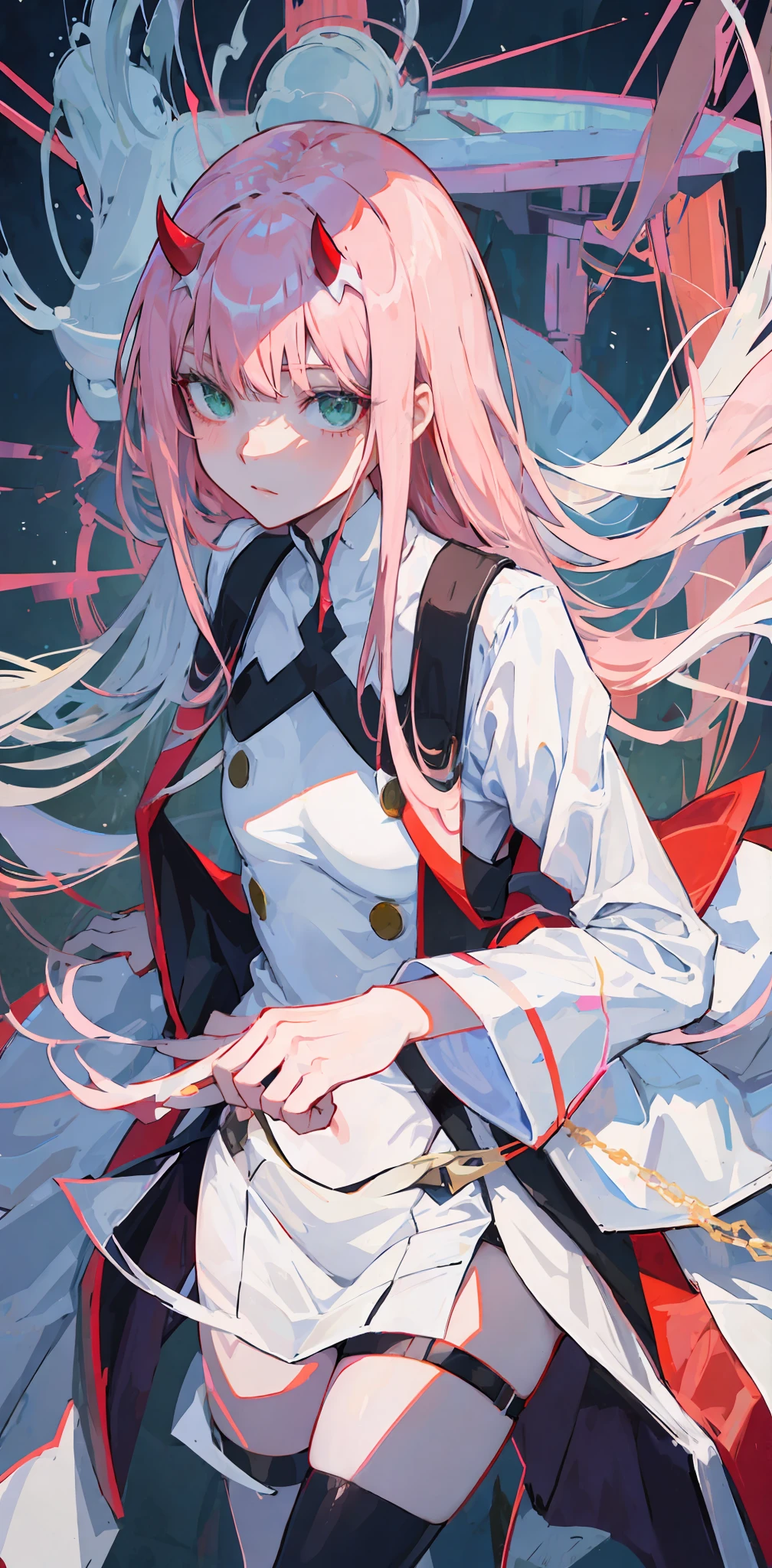 zero two \(darling in franxx\), darling in franxx, 1girl, bangs, bite, shadow, green eyes, horns, long hair, looking at the viewer, small , big thighs, makeup, white , pink hair, red eyeshadow, tight skin, solo