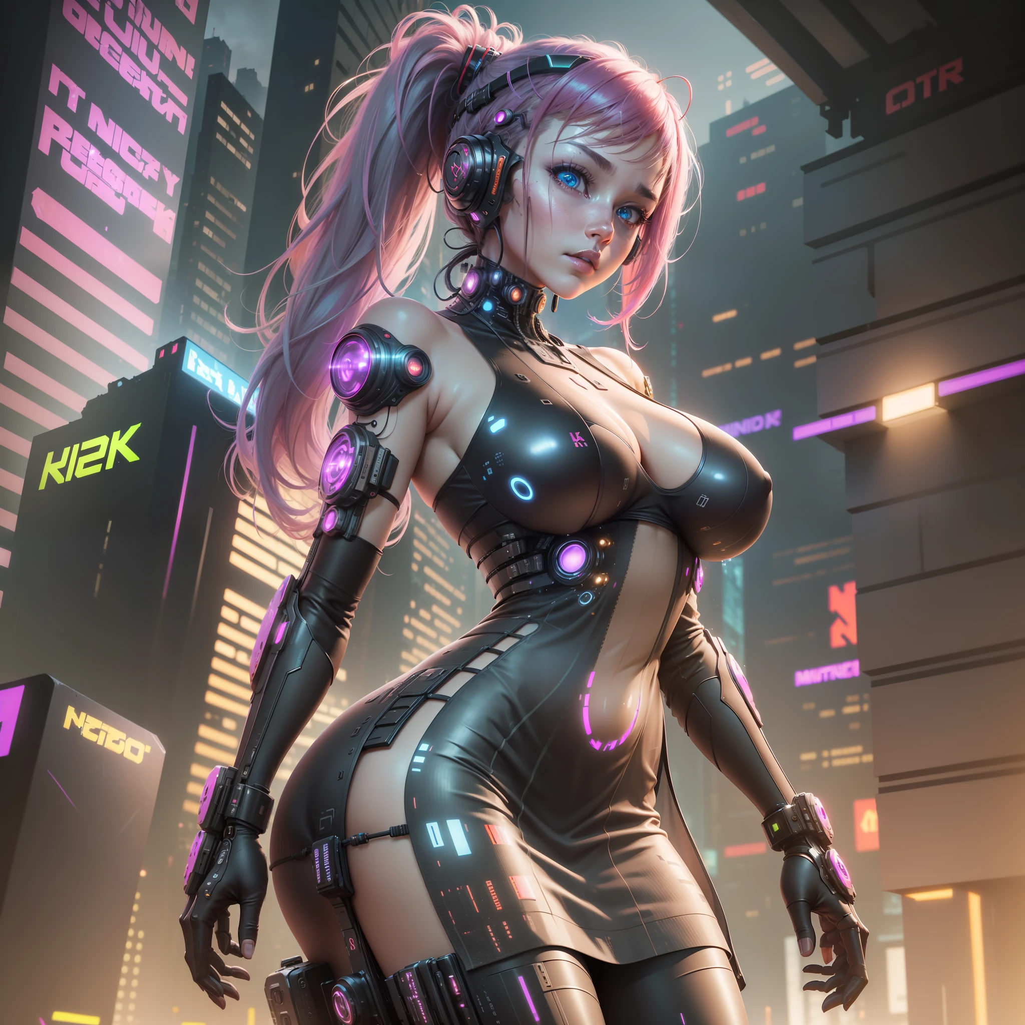 ((8k, masterpiece, best quality)), ultra-detailed, detailed beautiful round eyes, beautifully detailed face, high quality, high resolution, (cyberpunk:1.6), 3D, beautiful, Reality, HDR (High Dynamic Range), Ray Tracing, NVIDIA RTX, Super Resolution, Unreal 5, Subsurface Scattering, PBR Textures, Post Processing, Anisotropic Filtering, Depth of Field, Maximum Clarity and Clarity, Multilayer Textures, Albedo and Specular maps, Surface shading, accurate simulation of light-material interaction, perfect proportions, Octane Render, two-tone lighting, large aperture, low ISO, white balance, rule of thirds, 8K RAW, efficient sub-pixel, sub-pixel volume product, mecha girl wearing sexy ninja outfit, massive breast, (see-through dress:1.2), mecha, ruins of city, perfect ass, perfect boobs, perfect face, perfect body, nighttime, sexy body, pink hair, hands on, (twin ponytail, long hair:1), female mecha,